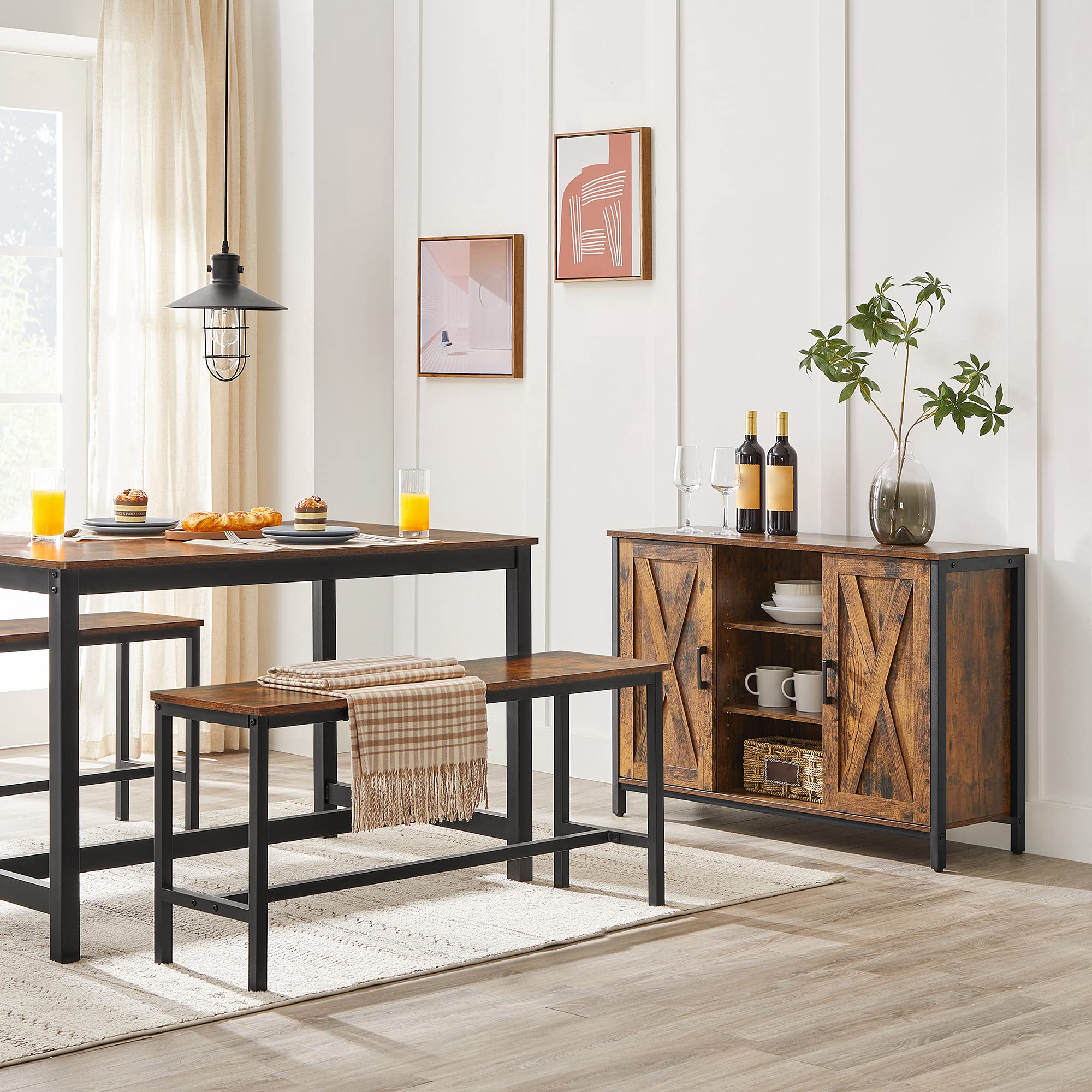 Dining Bench Set of 2 – Industrial Style, Rustic Brown & Black