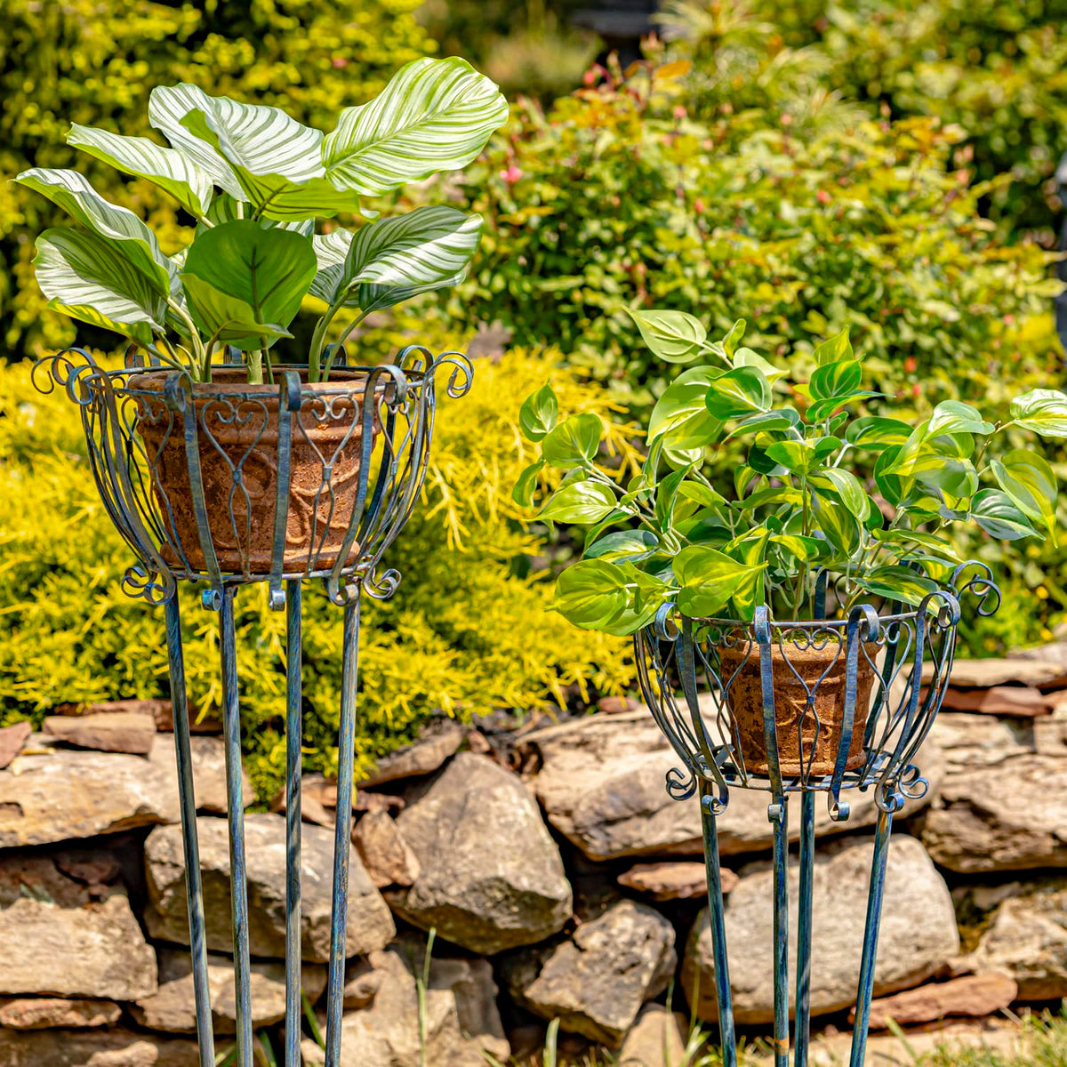Zaer Ltd. Set of 2 Tall Metal Basket Plant Stands (Rustic Blue)
