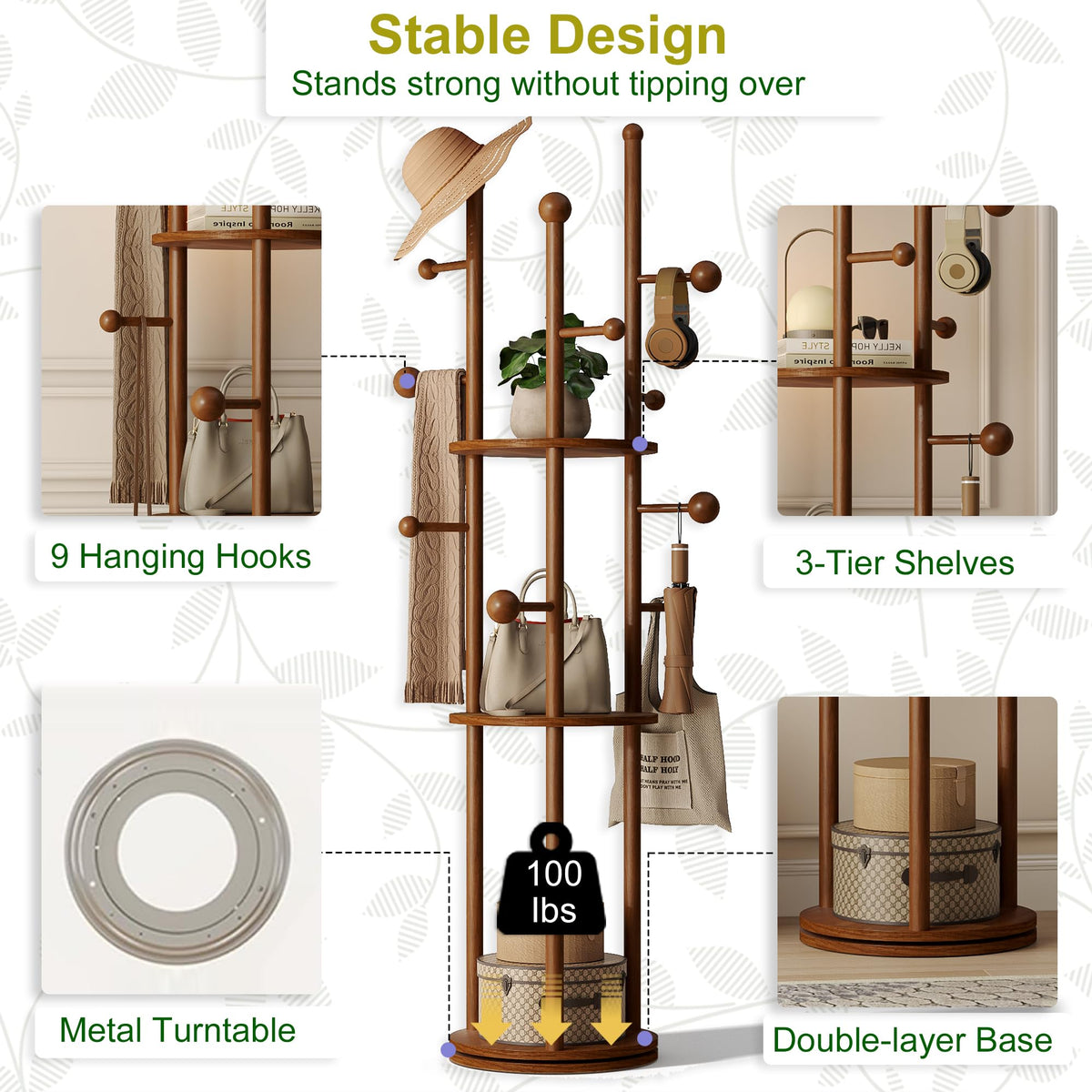 Rotating Wood Coat Rack with Shelves