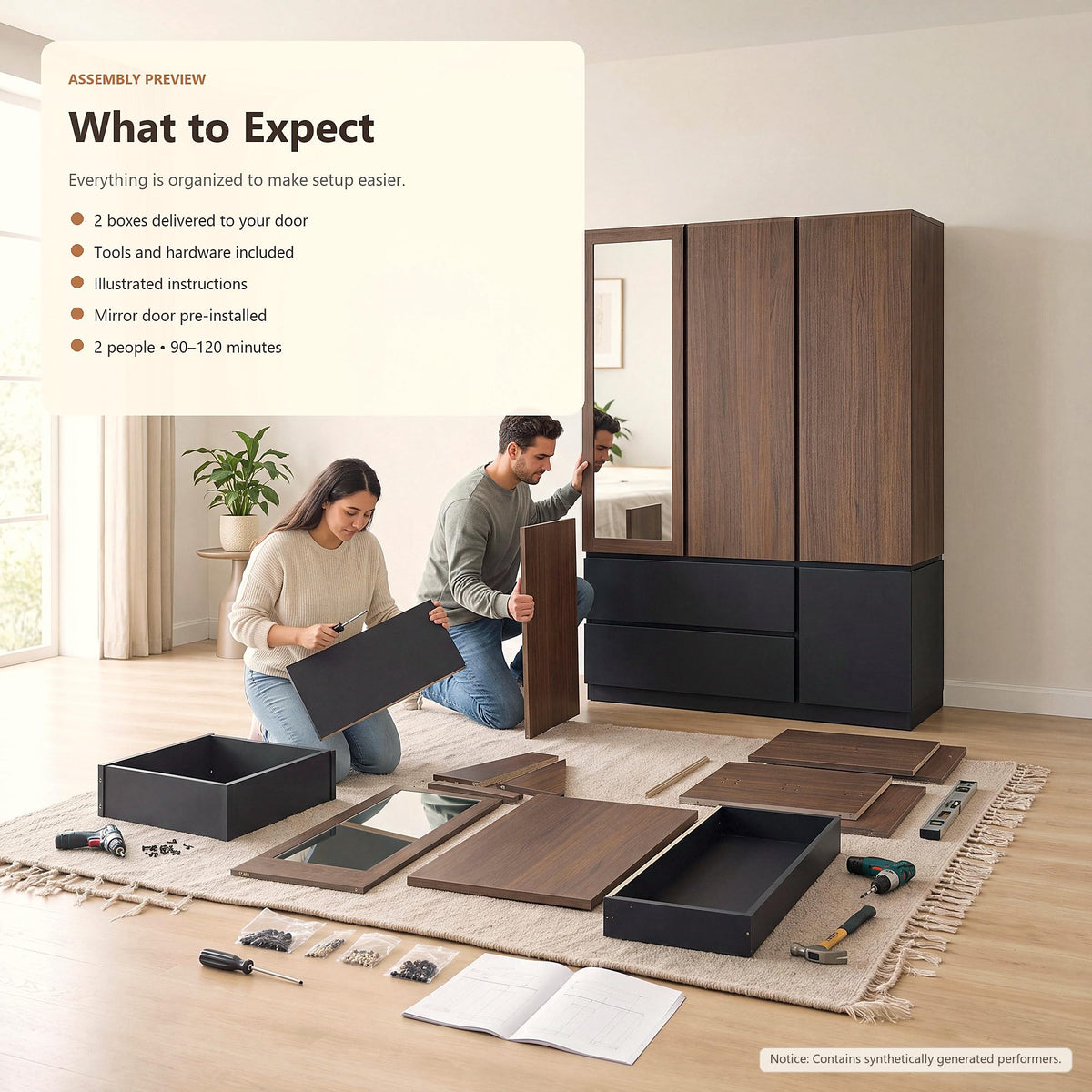 3-Door Mirrored Wardrobe with Drawers