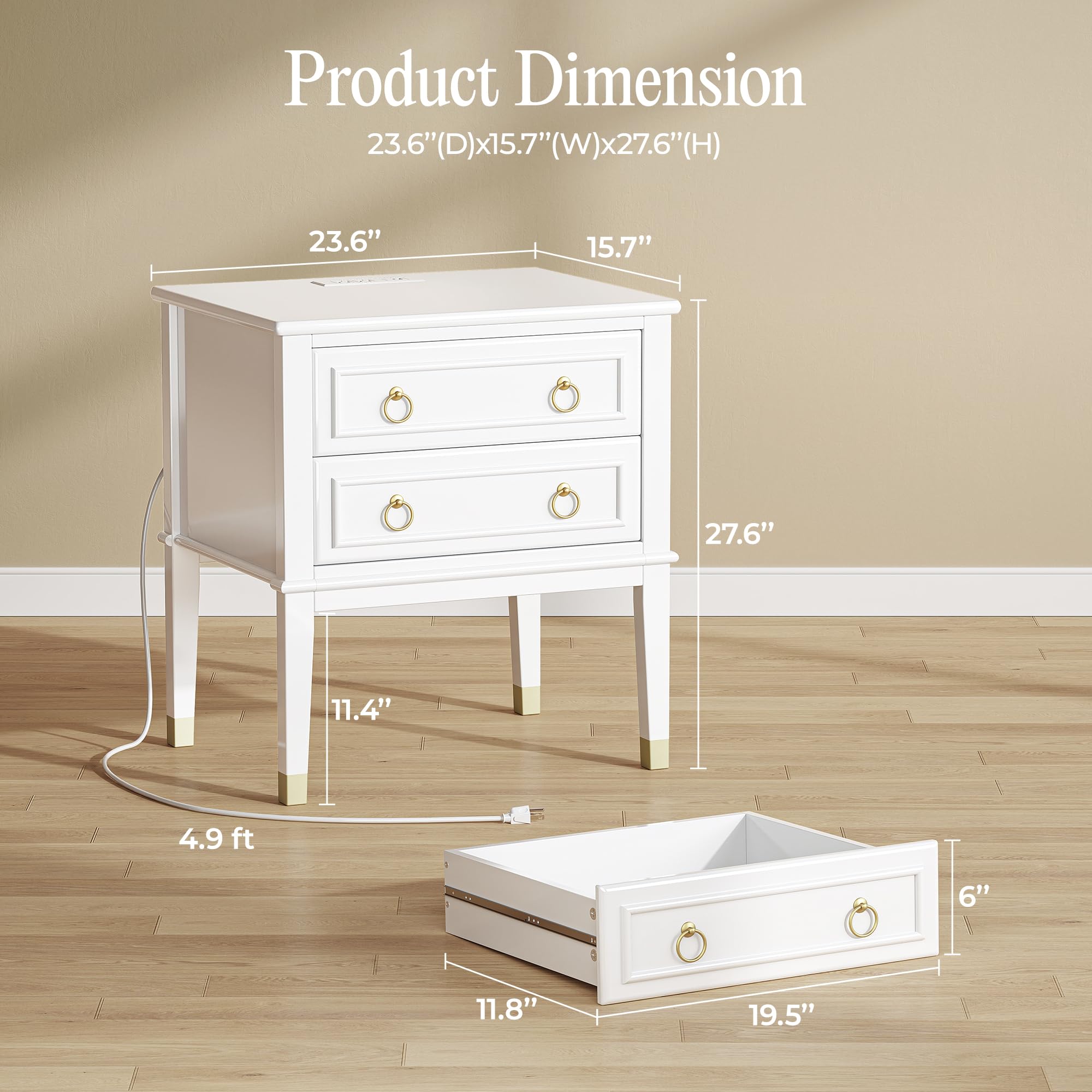 Tall Nightstand with Charging Station & 2 Drawers