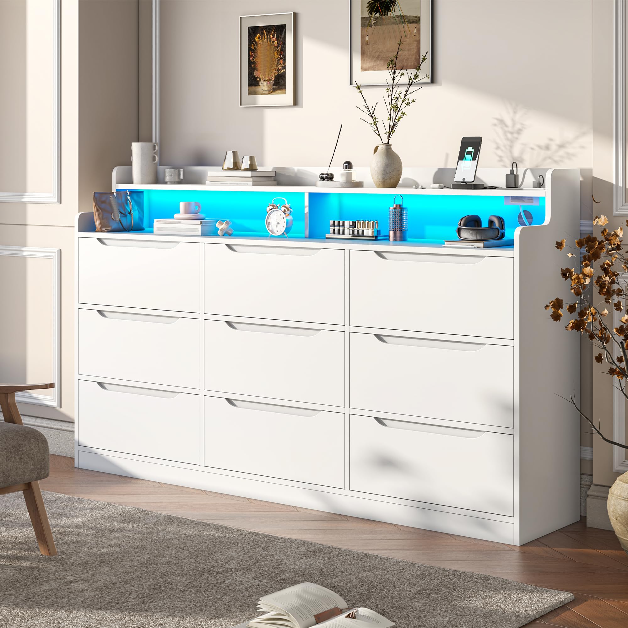 DurayLoly White Dresser for Bedroom with LED Light & Charging Station Modern 9 Drawer Dresser for Bedroom Wood Chest of Drawers for Living Room Hallway, Anti-Tip Safety, 15.6" D x 55" W x 35.5" H