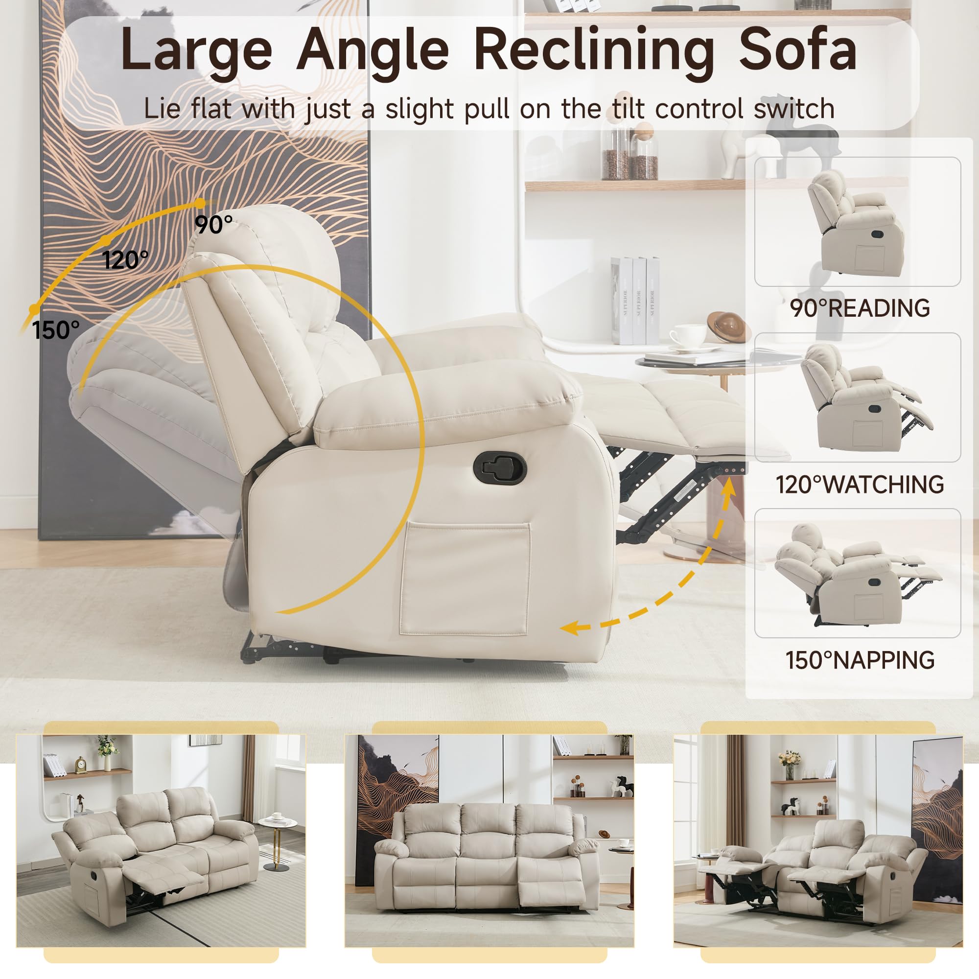Reclining Loveseat Sofa Leather Recliner Sofa 3 Seater Couch for Living Room, Home Theater Seating(3 Seat,Beige)