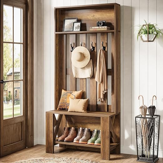 Black Hall Tree with Bench and Shoe Storage