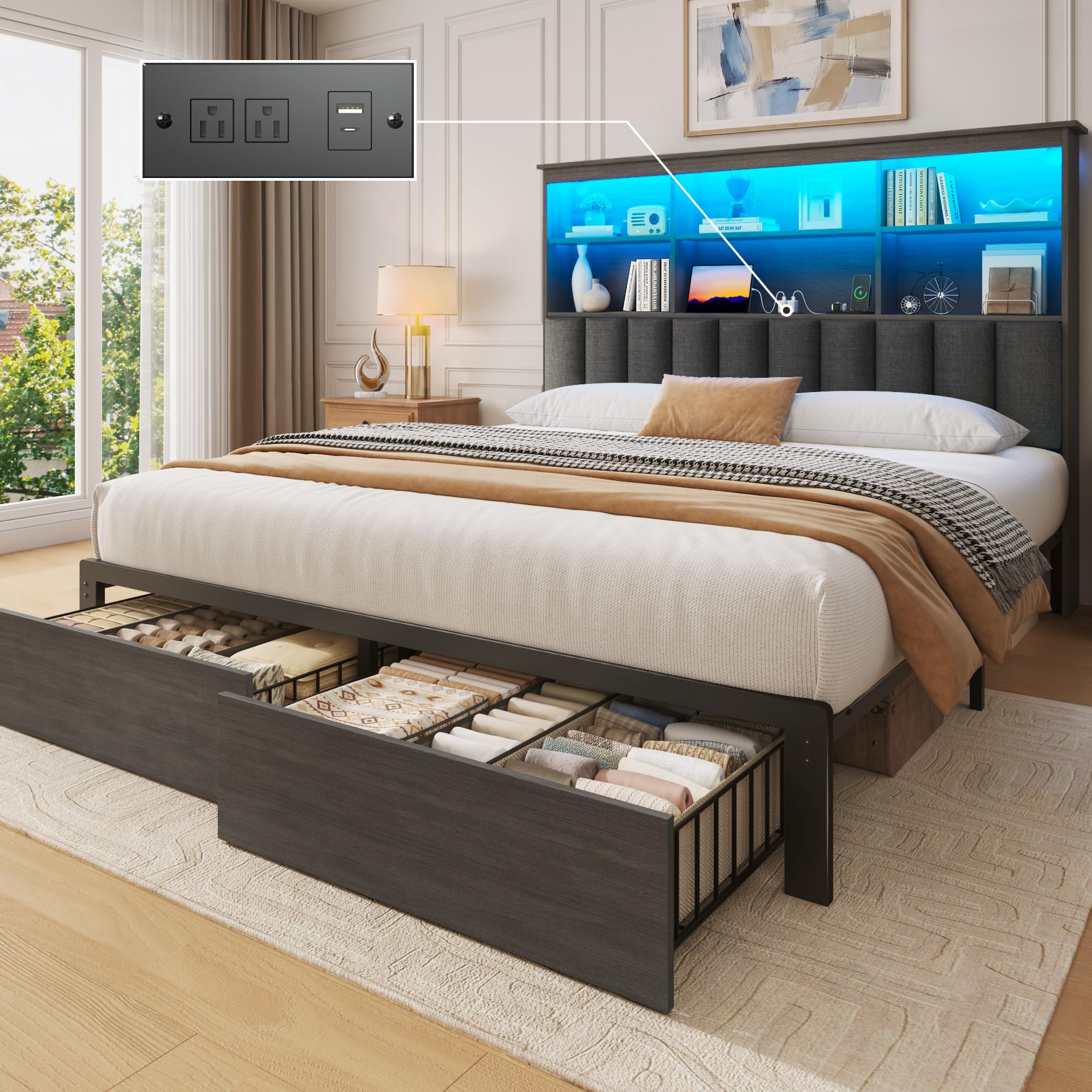 Lifezone Queen Bed Frame with Headboard, Queen Bed Frame with High Storage Bookcase Headboard, 2 Storage Drawers & Charging Station, No Box Spring Needed/Noise Free/All-Metal Support, Rustic Grey