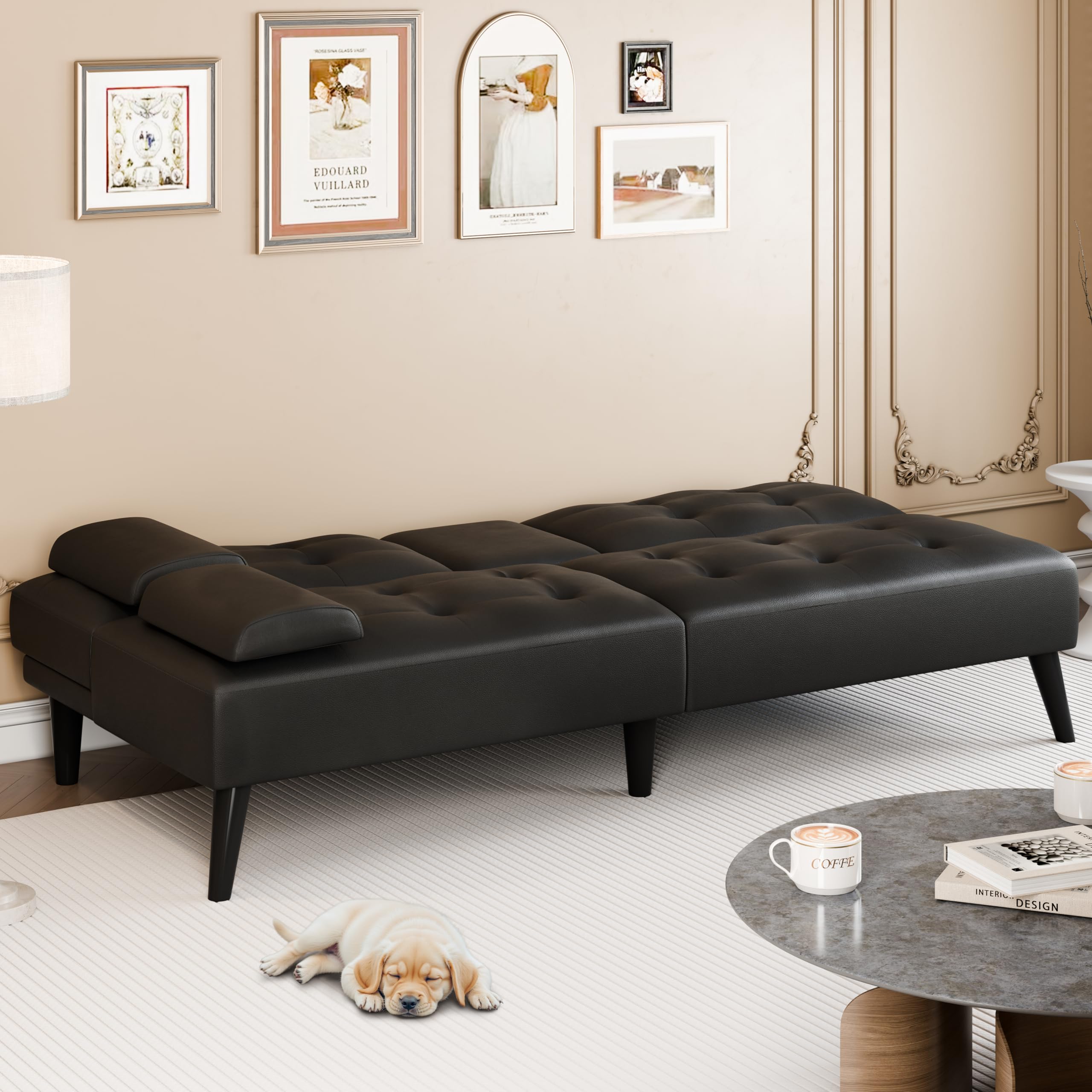 Meilocar 64" Futon Sofa Bed, Small Loveseat with 2 Cup Holders, Small Couch with 3 Adjustable Angles & Removable Armrest, Modern Sleeper Sofa for Small Space (PU Leather, Black)