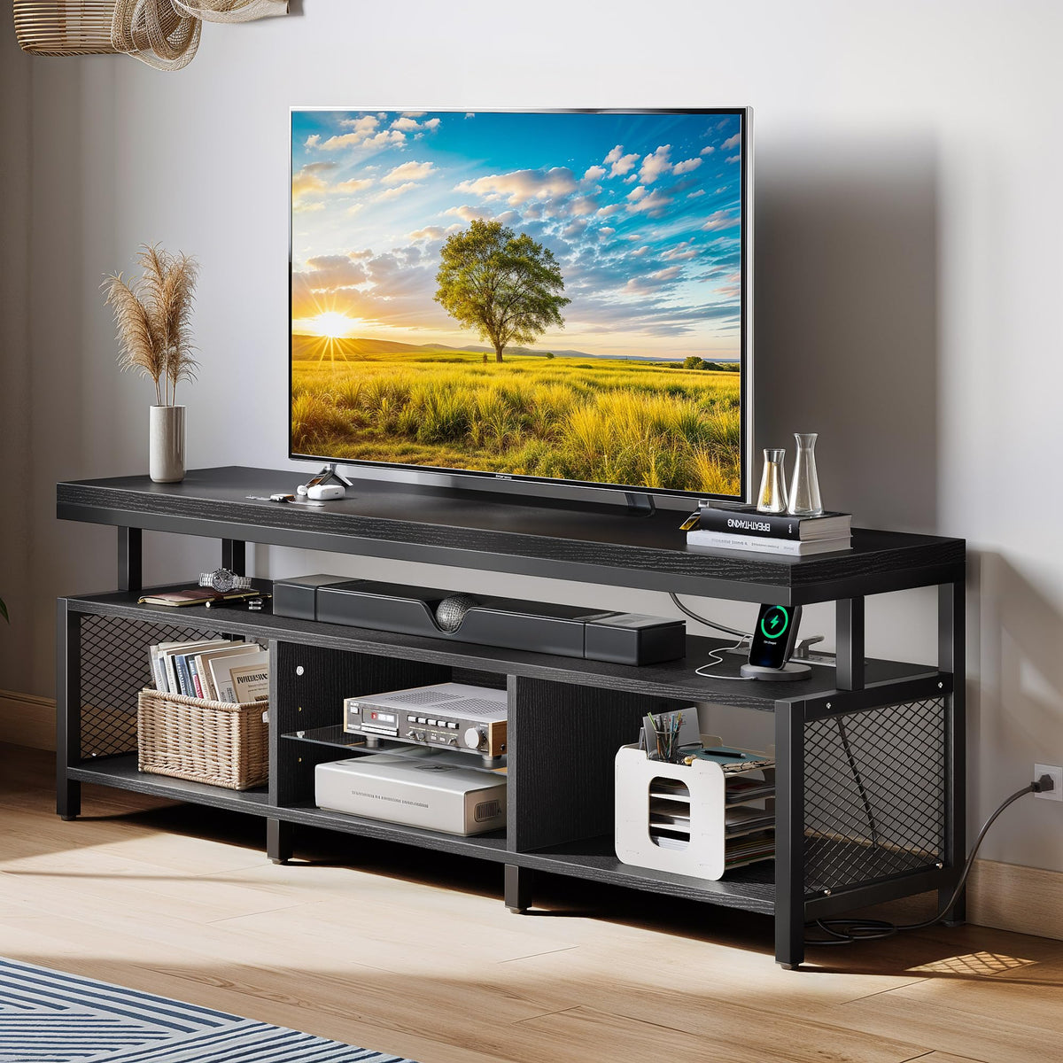 Black LED TV Stand with Power Outlets