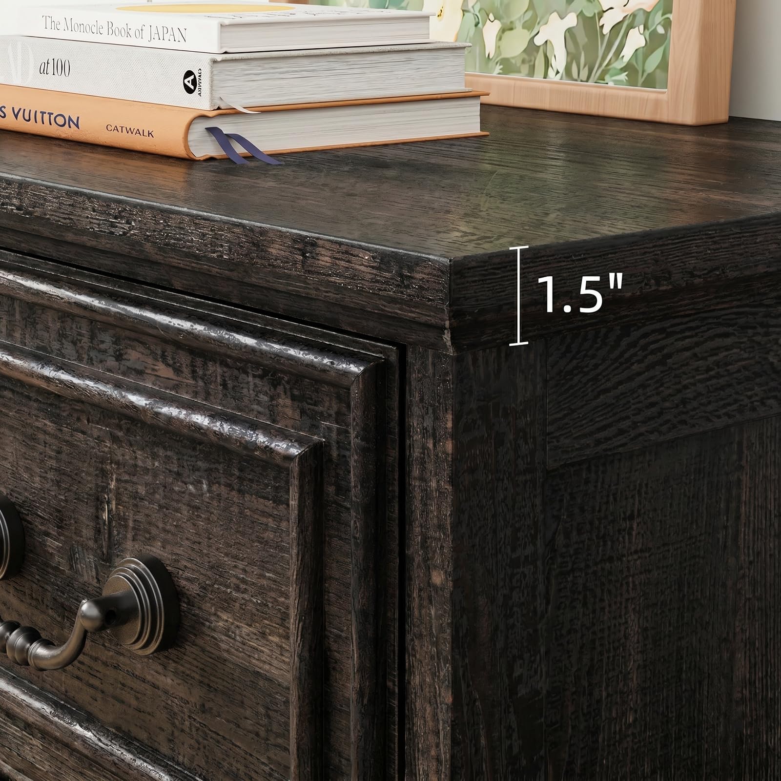 Farmhouse 7 Drawer Dresser in Black, Wide Chest with Rustic Wood Top, Large Storage Organizer for Bedroom, Living Room, Hallway, or Nursery, Sturdy Black Hardware, Modern Rustic Furniture Accent
