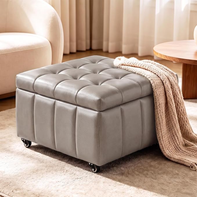 Faux Leather Rolling Storage Ottoman
