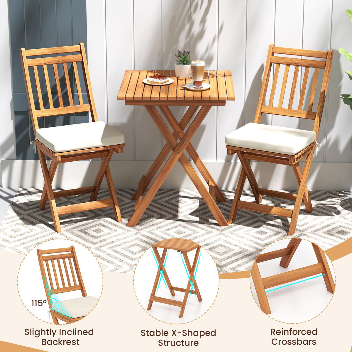 KOTEK Outdoor Folding Bistro Set, 3 Pieces Acacia Wood Bistro Set with Soft Cushions, Patio Bistro Table and Chairs for Backyard, Porch, Poolside (Vertical Slats)