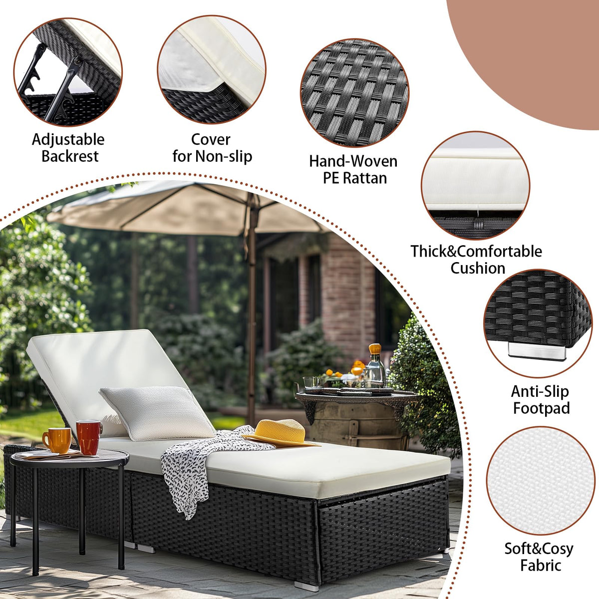 VINGLI Outdoor Chaise Lounge, Wicker Recliner w/Adjustable Backrest, Thick Water Repellent Cushions, Patio Rattan Lounge Chairs for Lawn, Beach, Balcony, Poolside (Black)