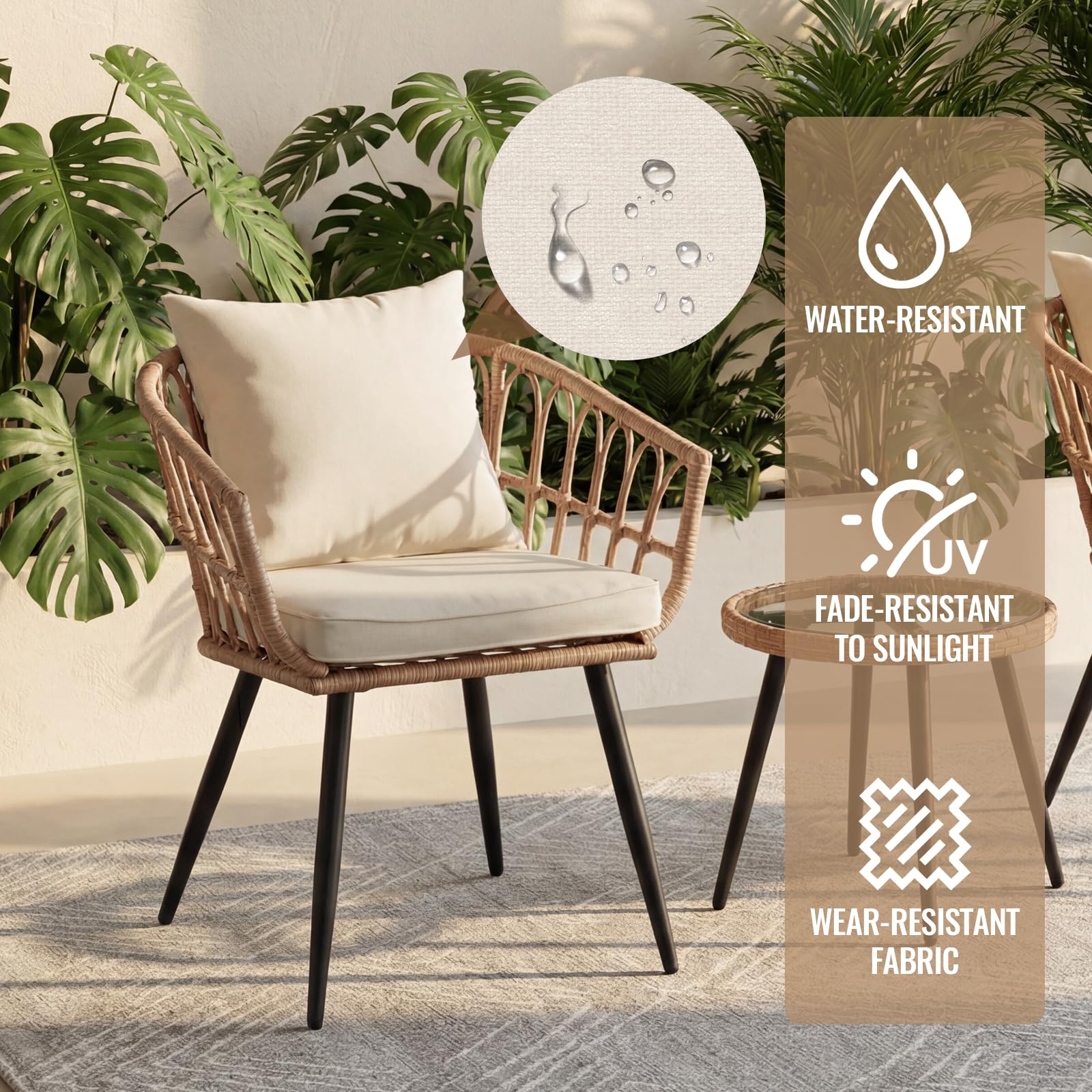 3 Piece Patio Bistro Set, Outdoor Wicker Apartment Balcony Furniture Set, All-Weather Rattan Patio Conversation Set for Backyard, Balcony and Porch with Soft Cushions, Tempered Glass Side Table(Beige)