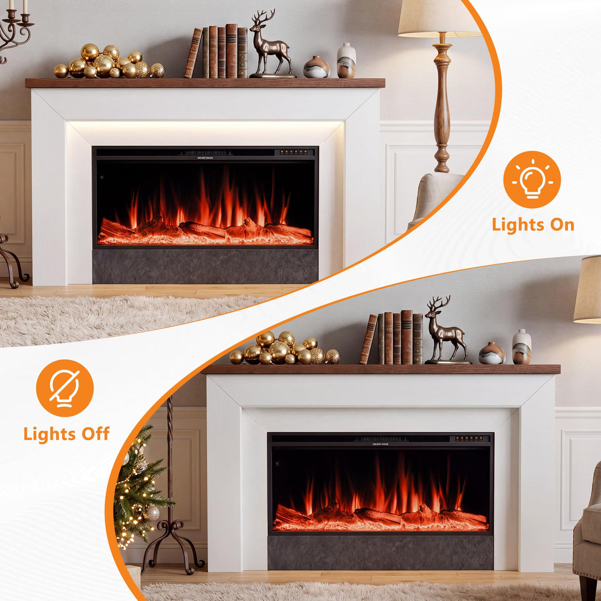 Weyderk 62" Electric Fireplace with Mantel, TV Stand with 42" Insert, 15 LED Colors & 15 Realistic 3D Flame Effects, Remote Control, 1-8h Timer, 62–84℉ Adjustable Thermostat, White