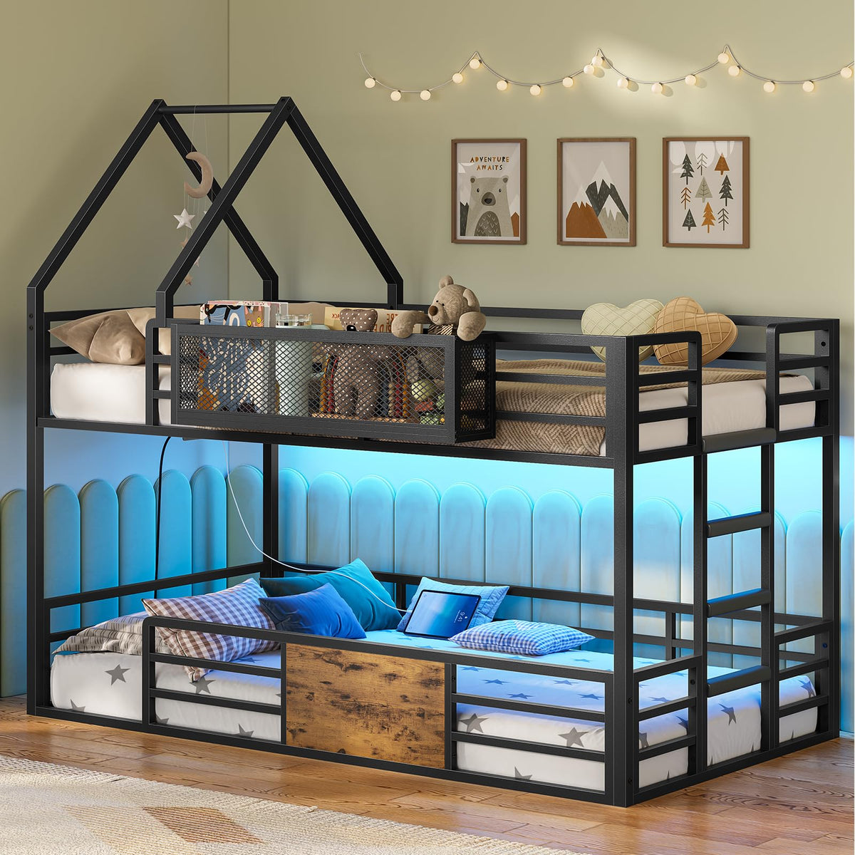ADORNEVE House Bunk Bed Twin over Twin with Storage Basket, Black