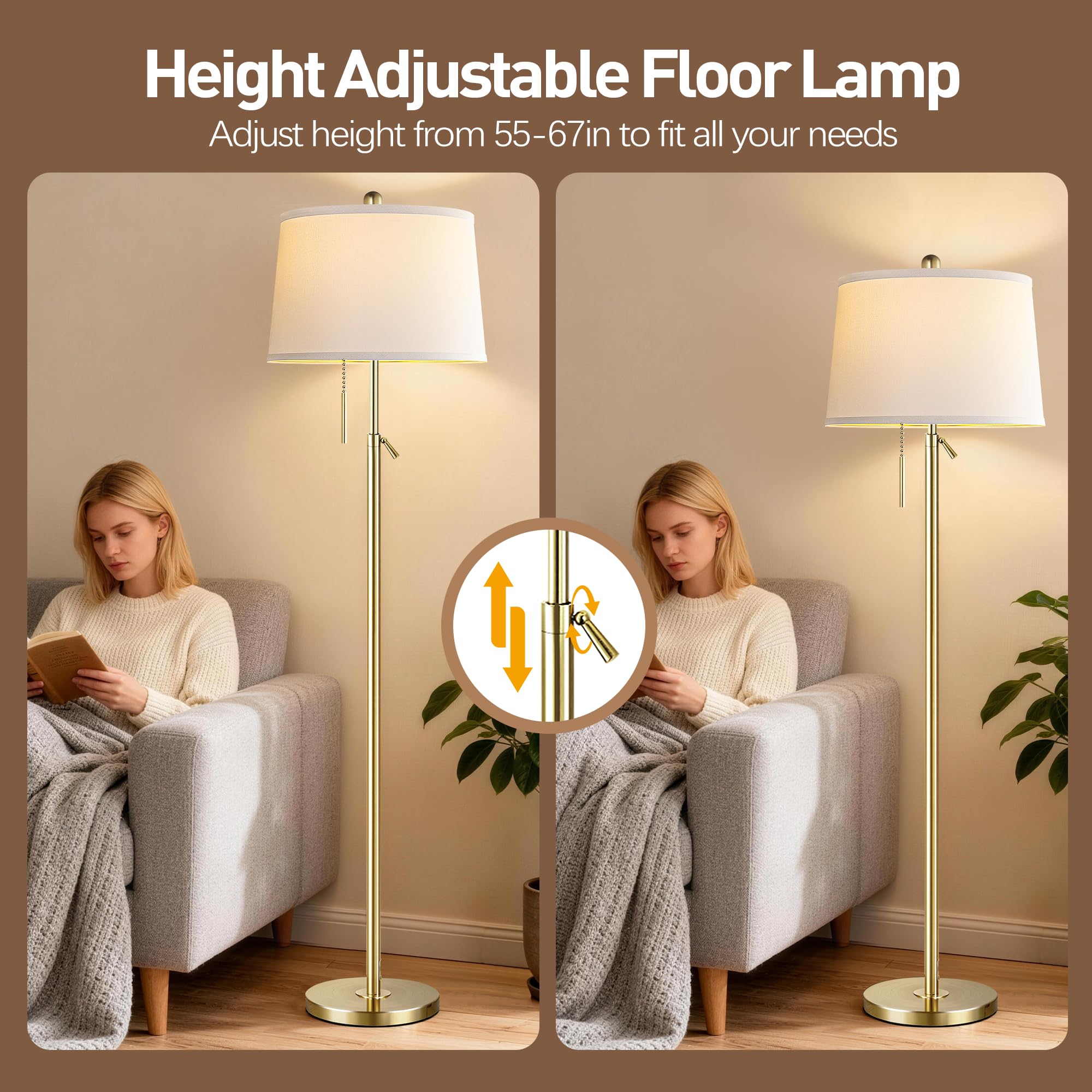 Gold Floor Lamp for Living Room, Modern Standing Lamp 55-67" Height Adjustable Brass Tall Floor Lamp with Pull Chain Switch and 3 CCT LED Blub for Living Room, Bedroom, Office & Corner Reading
