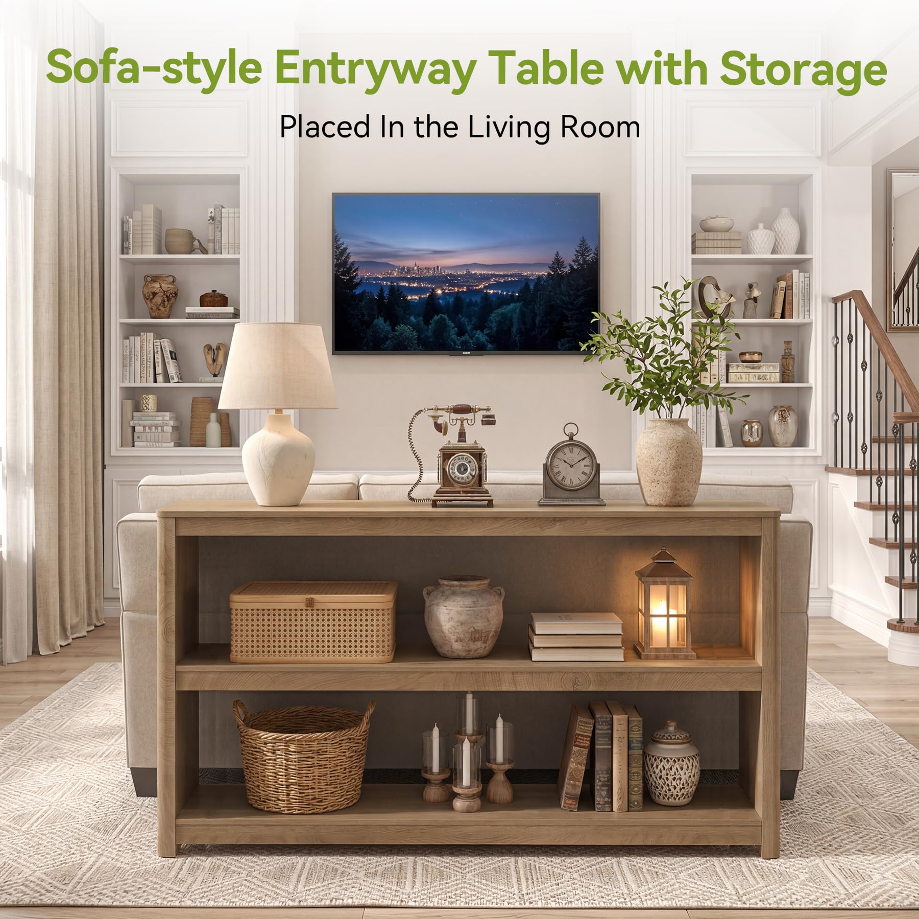 LITTLE TREE 63-Inches Console Table, Modern Sofa Table with 3 Storage Shelves, Narrow Entryway Furniture Living Room, Entrance, Hallway, Foyer, Brown