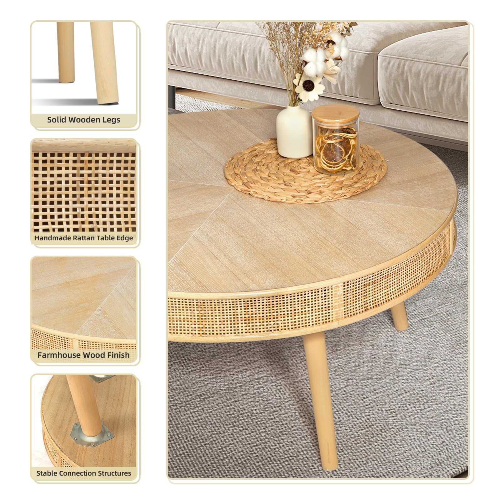 RUSTOWN 2-Piece Farmhouse Coffee Table, Modern Rustic Sofa Side Tea Tables, Solid Wood Finish with Crafted Rattan Side and End Table Sets for Living Room (Natural)