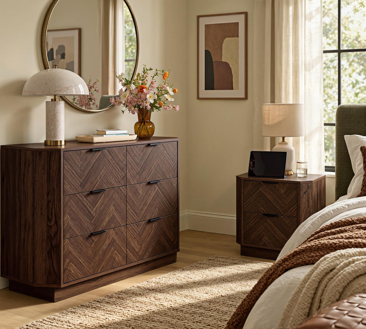 AKESONG 21.7" Nightstands with Charging Station, Herringbone Design, Walnut