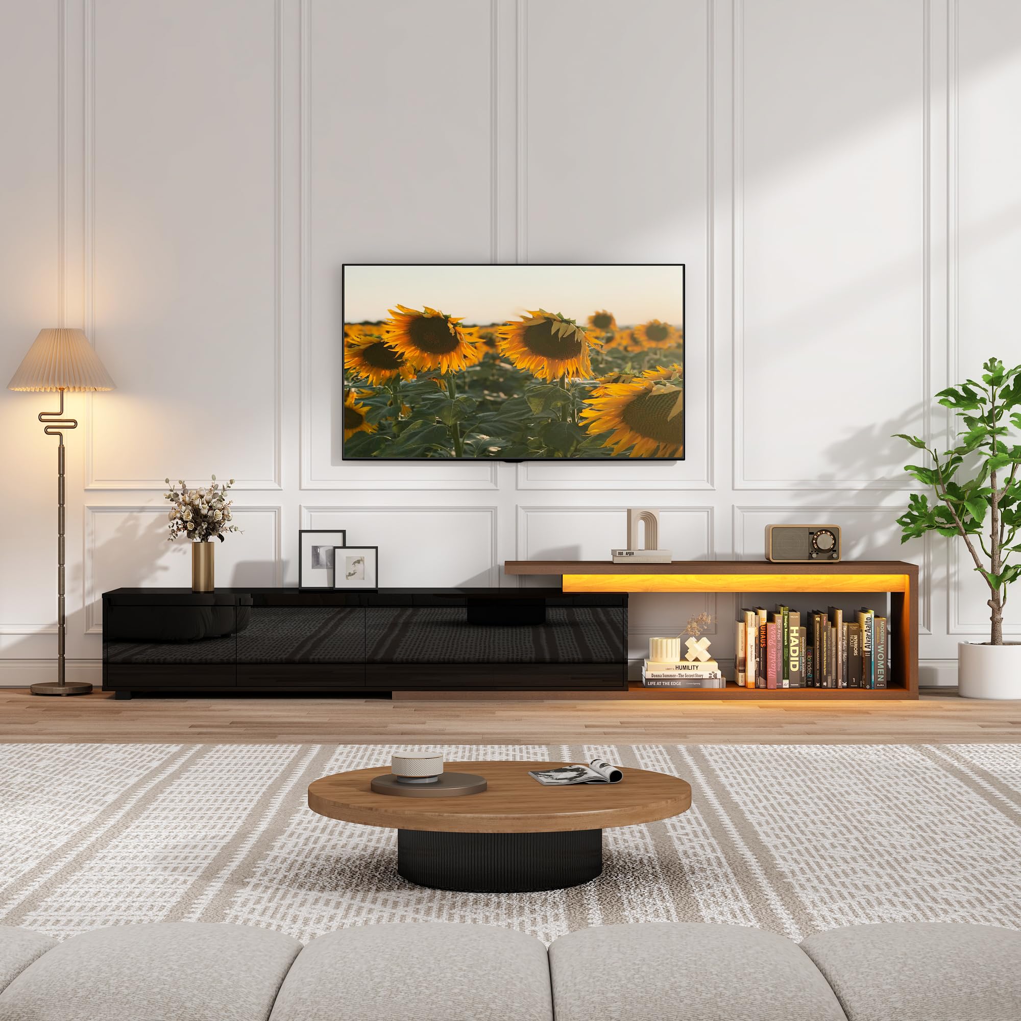 Extendable TV Stand with LED Light, Modern Entertainment Center for up to 120 Inch TV, Wood TV Media Console with 2 Drawers & 2 Cabinets for Living Room Bedroom, 75"-110", High Gloss Black & Walnut