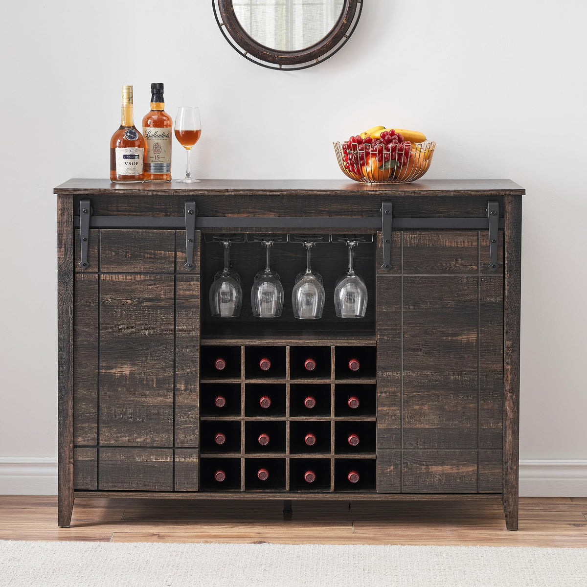 Bar Cabinet, 47" Buffet Server Sideboard with Sliding Barn Doors, Farmhouse Storage Cabinet Cupboard Table with Adjustable Shelf for Kitchen, Dining Room (Dark Brown)