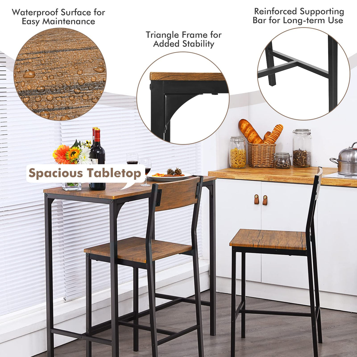 Rustic Brown 3-Piece Bar Table Set