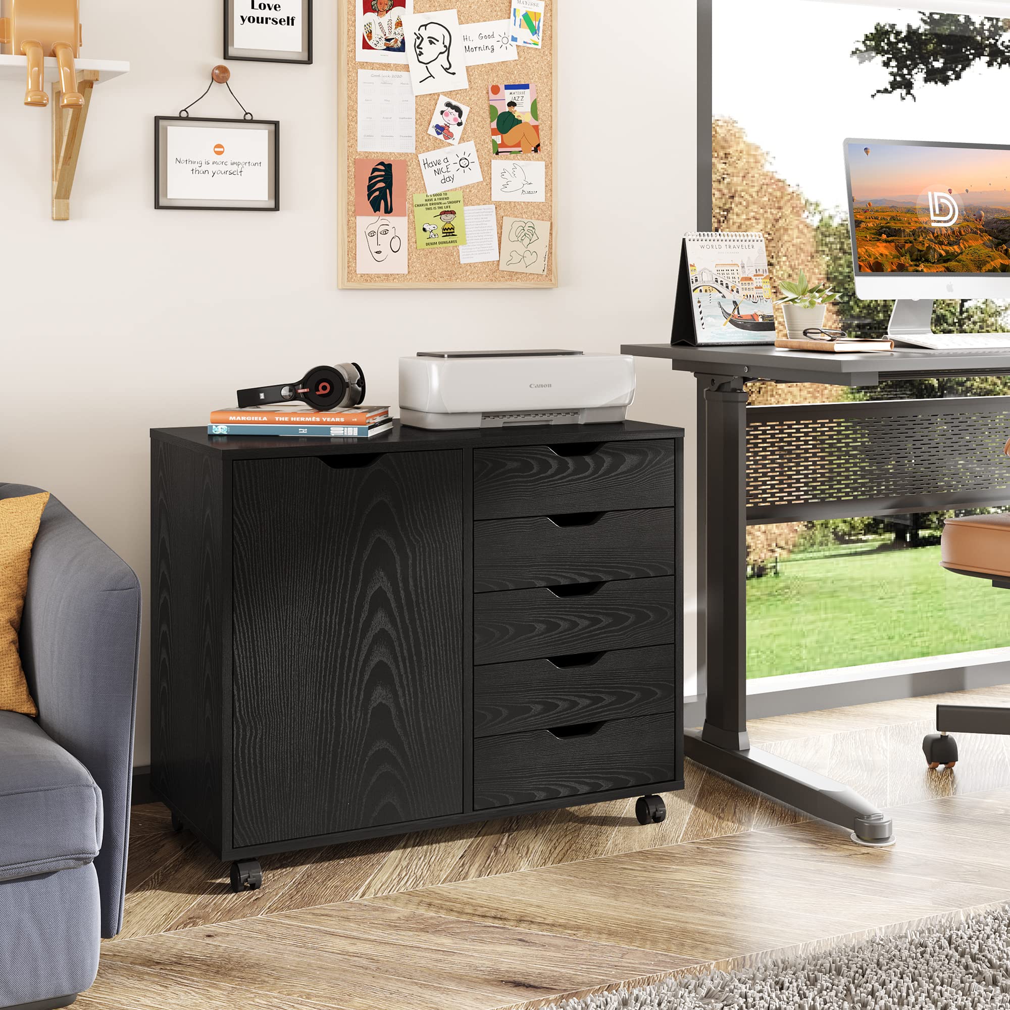 5-Drawer Mobile File Cabinet with Door & Printer Stand