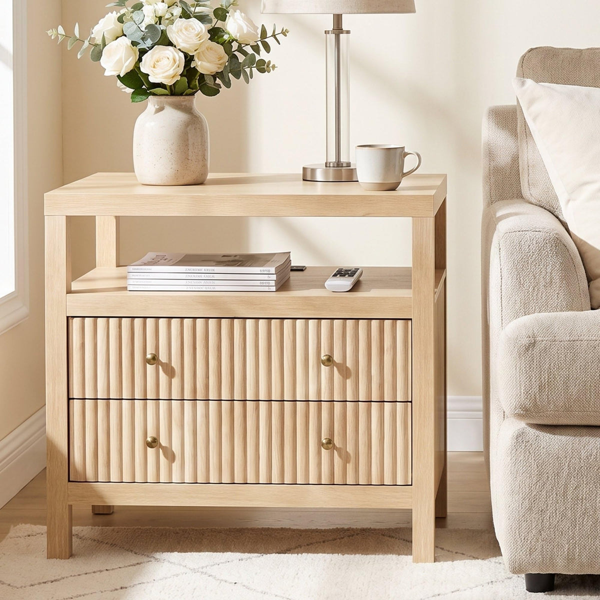 AURELIA LEVEAUX 26" Wide Natural Wood Fluted Charging Nightstands Set of 2