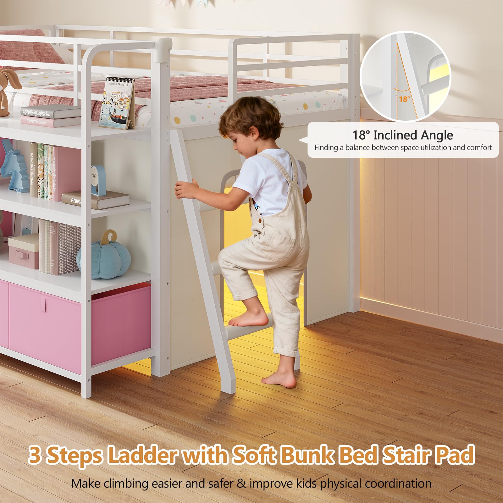 Twin Low Loft Bed with Desk, Storage Drawers & LED Lights