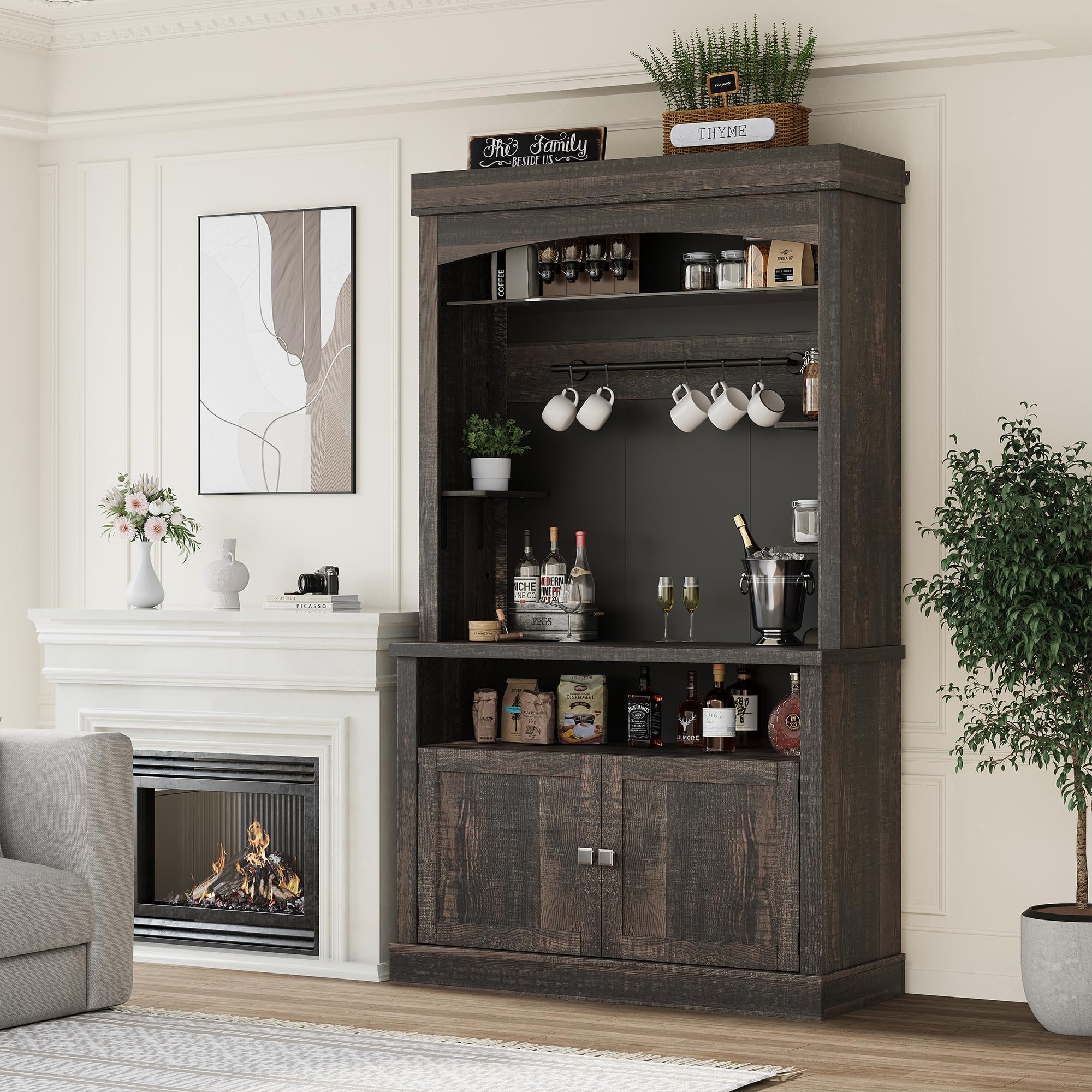GarveeHome Coffee Bar Cabinet with LED Lights,72 '' Tall Buffet Cabinet with Storage,Farmhouse Kitchen Sideboard Tall Coffee Hutch with Microwave Stand/Wine Rack/Glass Shelf Dining Room(Oak)