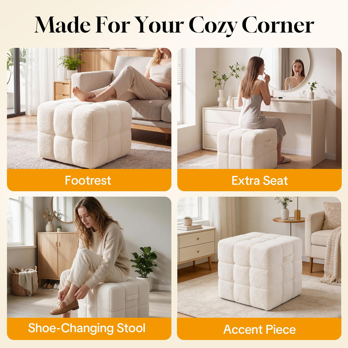 White Teddy Fleece Pouf Ottoman