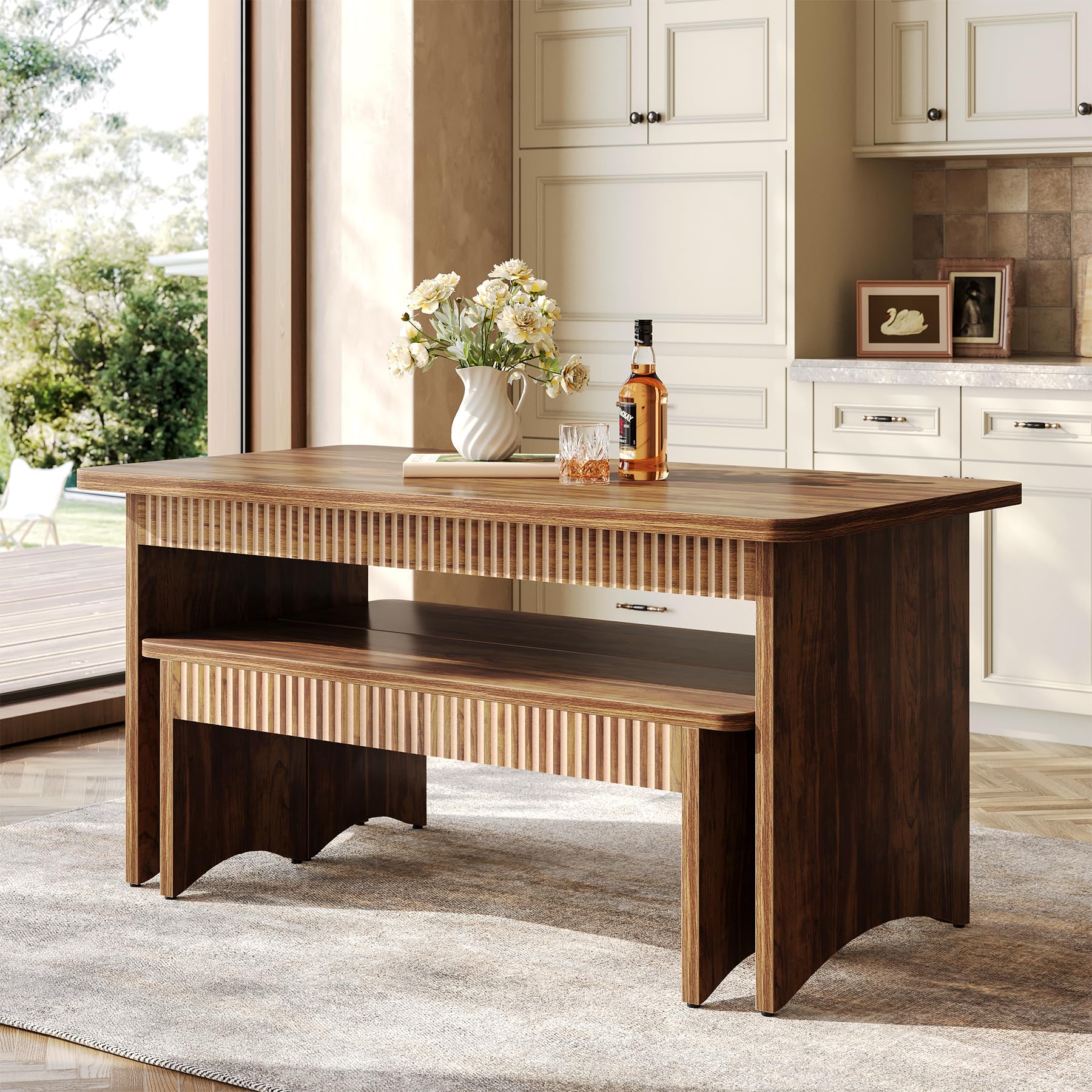 Farmhouse Dining Table Set with 2 Benches