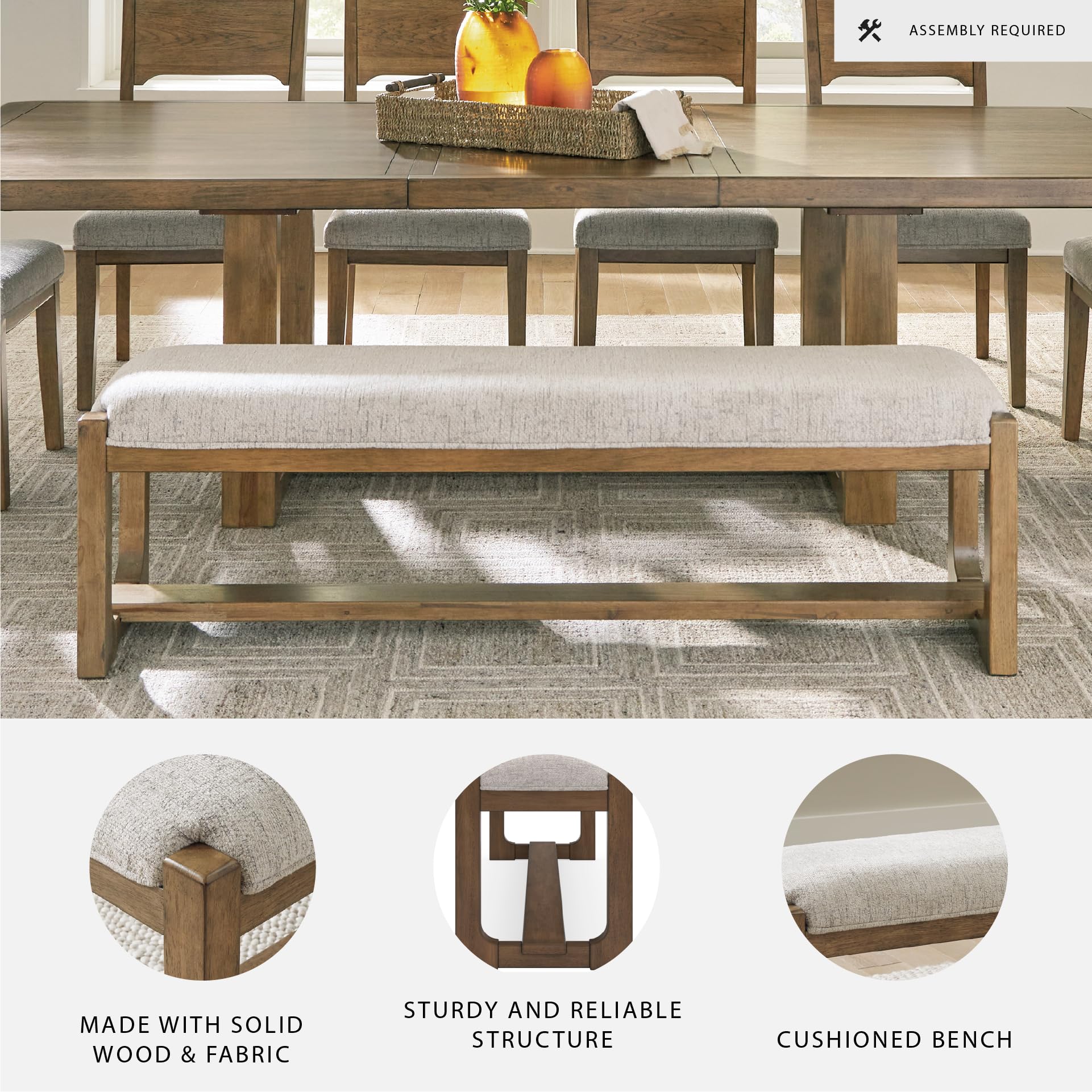 Farmhouse Upholstered Dining Bench with Foam Cushion & Hardwood Frame