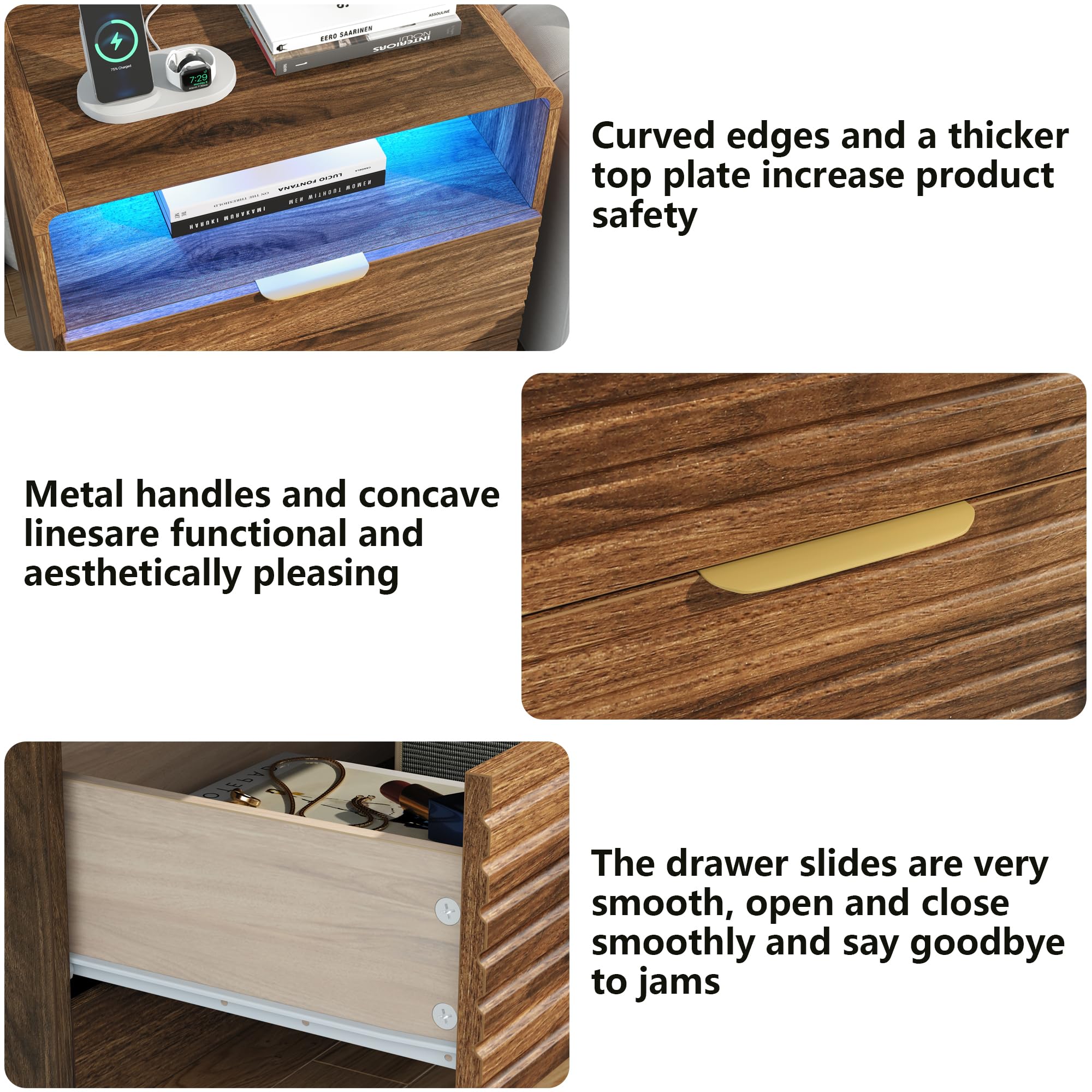 Fluted Nightstand with Charging Station & LED Lights