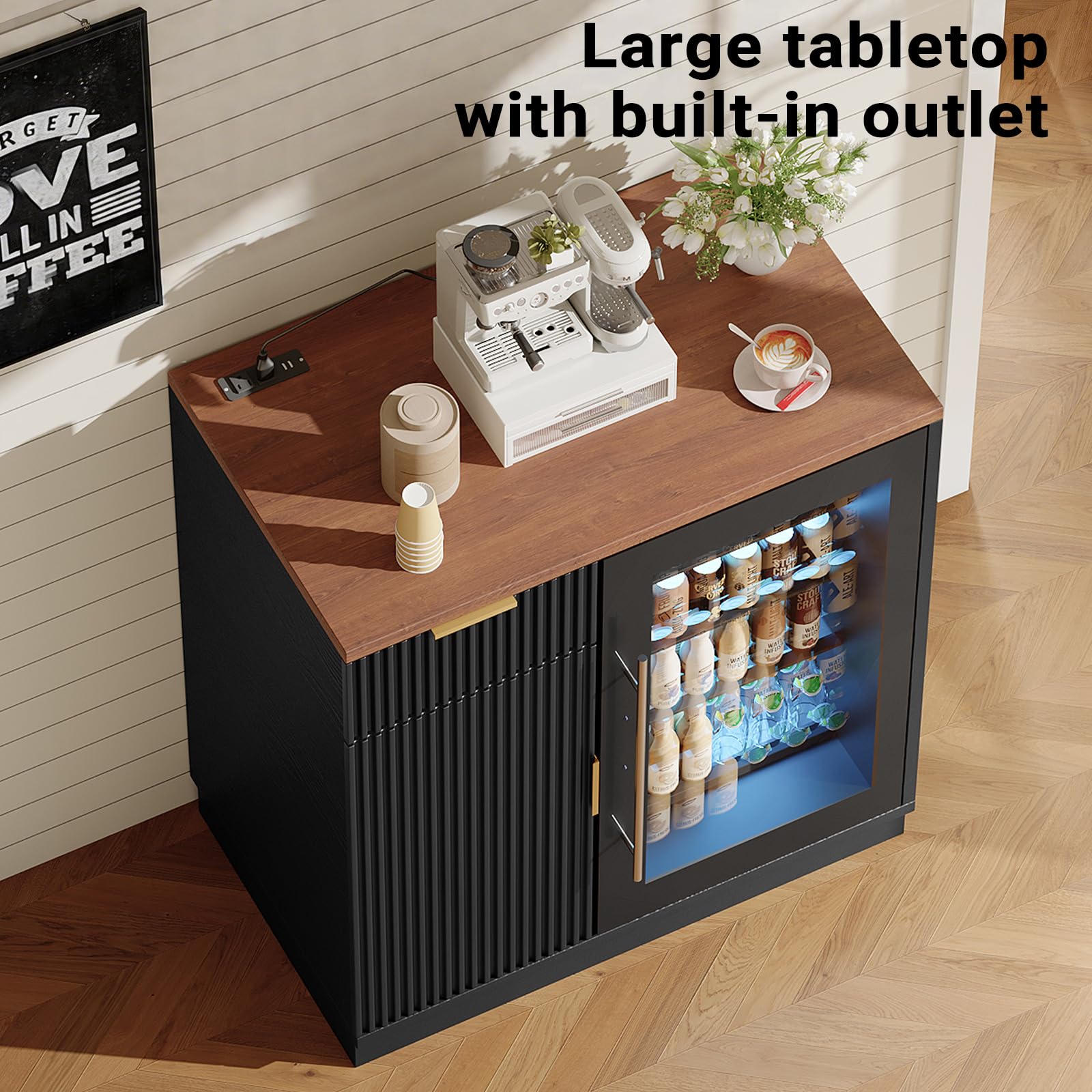 Naga Bahna Coffee Bar Cabinet with Fridge Space, Mini Fridge Cabinet with Power Outlet, Fluted Buffet Sideboard with Drawer & Adjustable Shelf for Home, Kitchen, Dining Room, Black