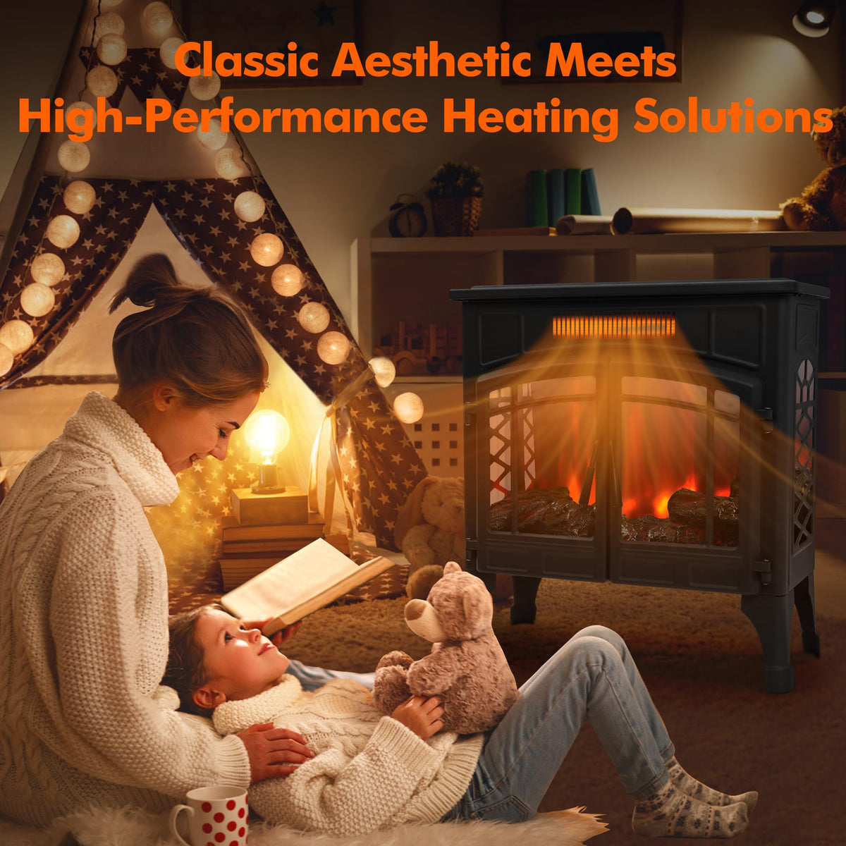 RealSmart Electric Fireplace Heater, 25“ Freestanding Stove Heater with 3D Realistic Flame Effect, Fireplace Stove Overheat Safety Protection for Indoor Use Bedroom,750W 1500W Retro Black