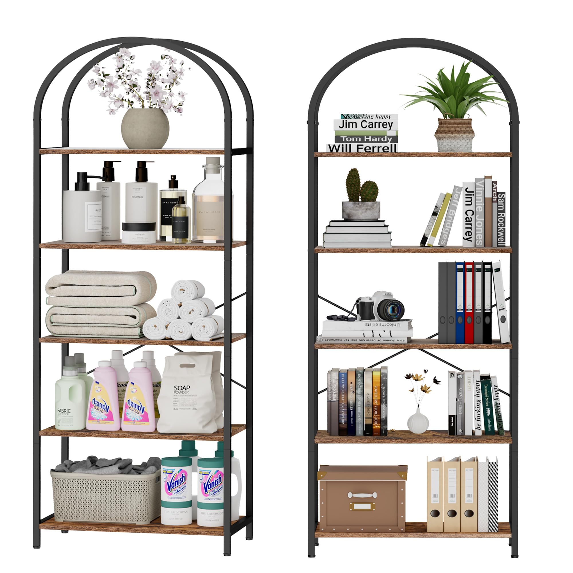 Homhedy 5-Tier Bookshelf Arched Display Racks, Wood and Metal Bookcase, Tall Bookshelf, Industrial Display Standing Shelf Unit, for Home Office, Living Room, Bedroom, Bathroom, Rustic Brown