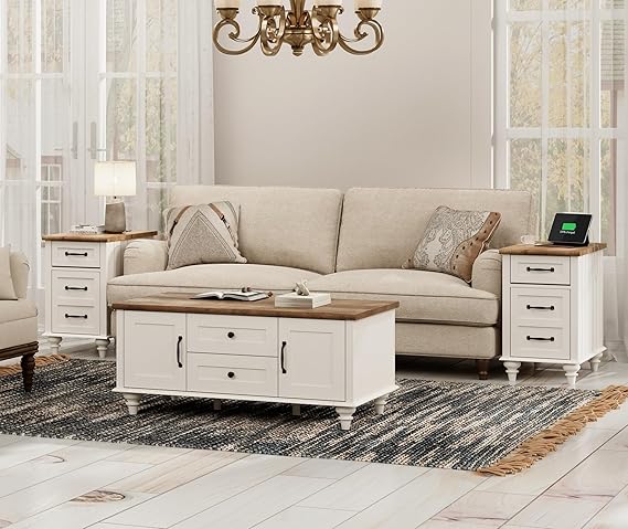 3-Piece Farmhouse Coffee & End Table Set with Charging Station