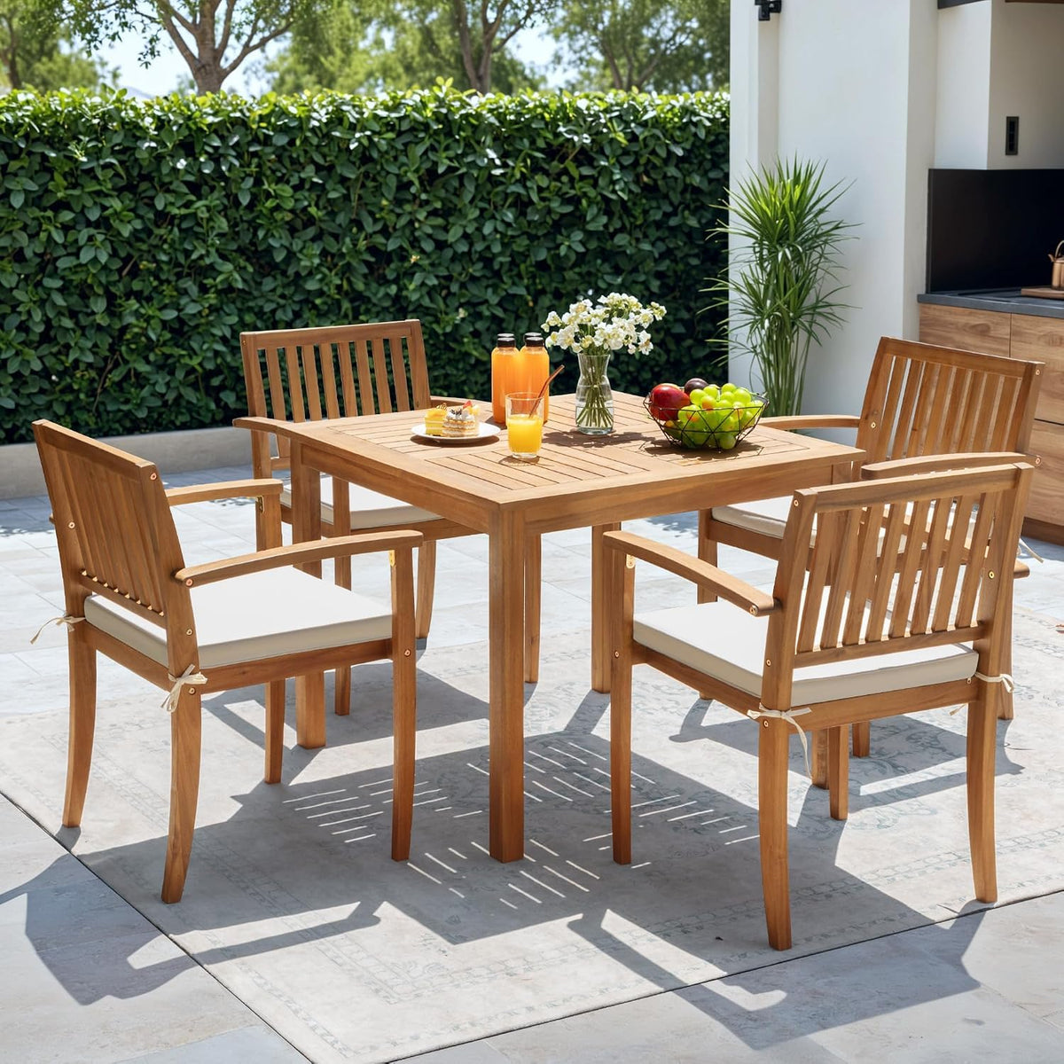 Greesum 5 Pieces Acacia Wood Patio Dining Set, Outdoor Table & Chairs