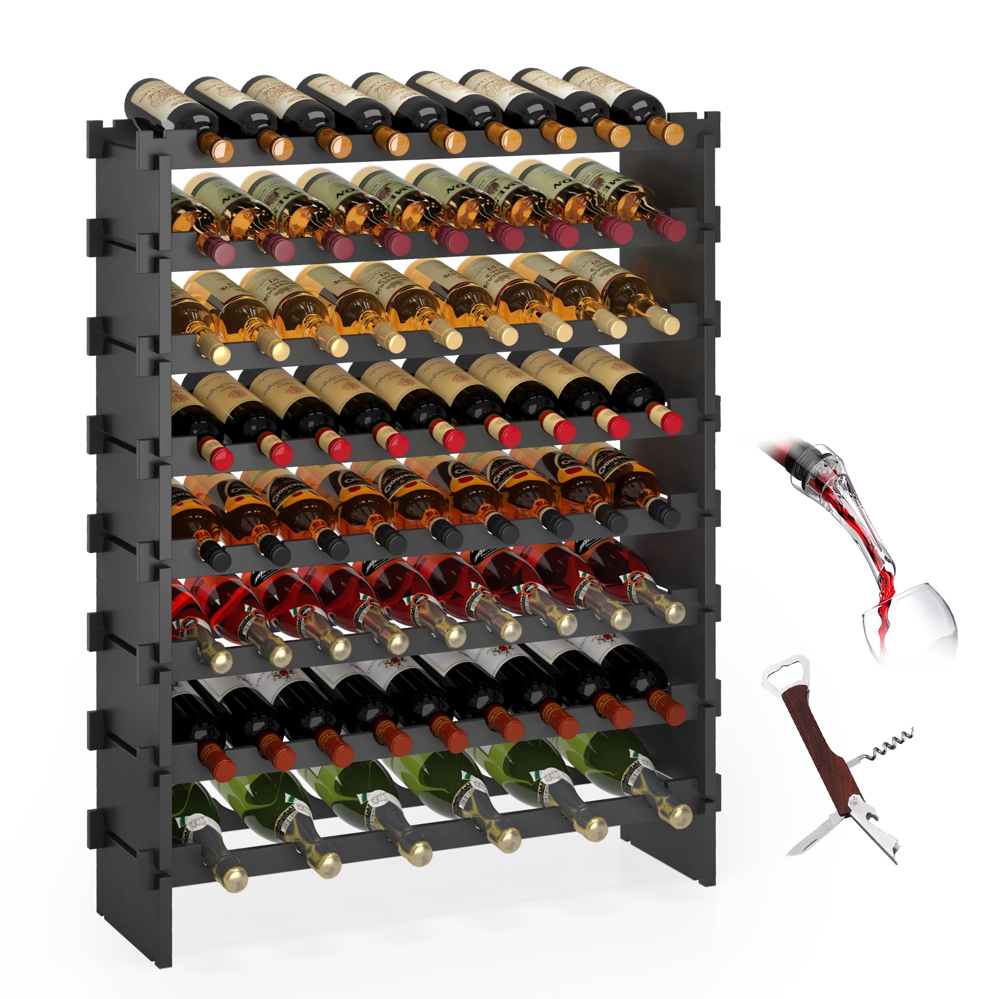 WISUCART Wine Rack Freestanding Floor Bamboo Stackable Wine Storage Racks Wall Mounted, Modular Wine Bottle Stand Holder Display Shelf for Cabinet, Kitchen, Bar (Black)