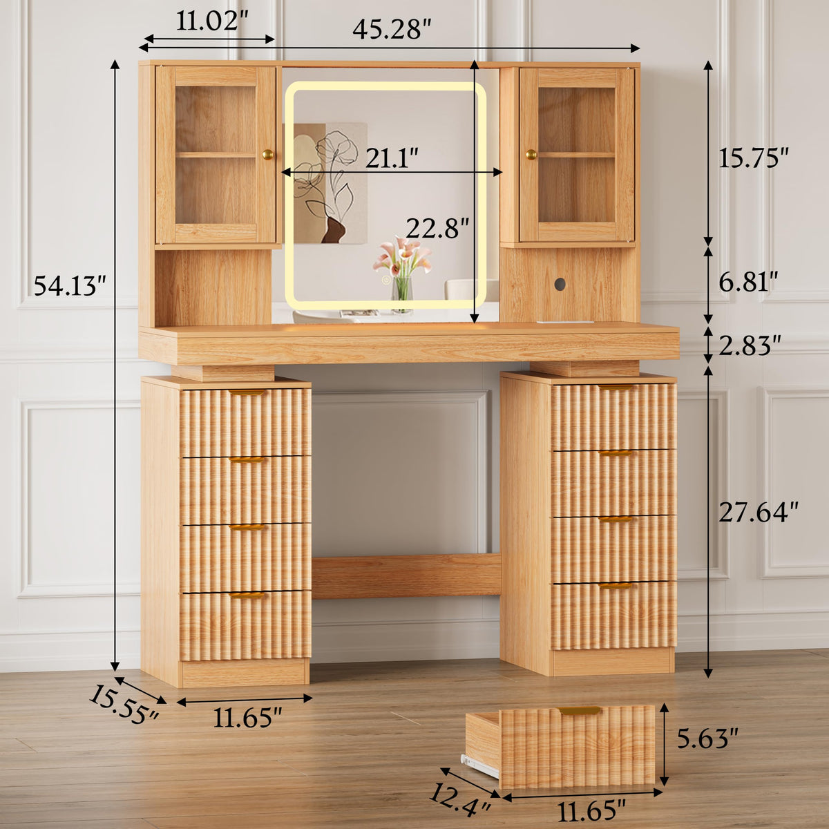 BOXACTION 45" Floating Vanity Desk with RGB Lighting & Led Mirror, Oak