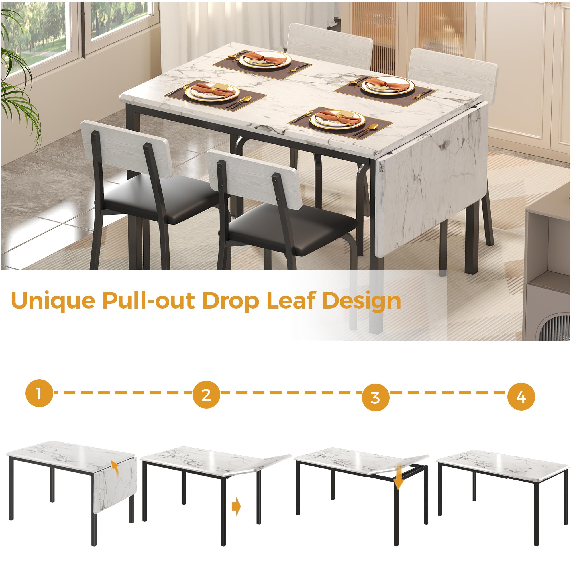 Extendable Dining Table Set with 4 Upholstered Chairs