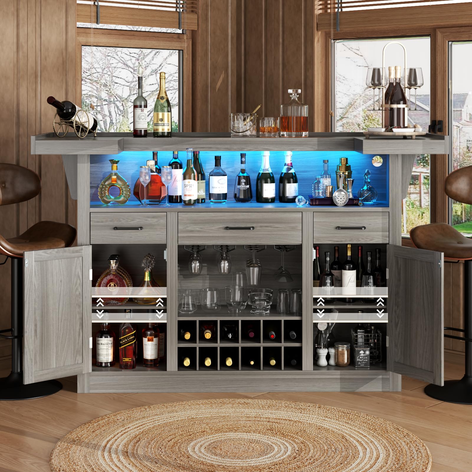 Wine Bar Cabinet with LED, 3 Drawers & Adjustable Wine Rack