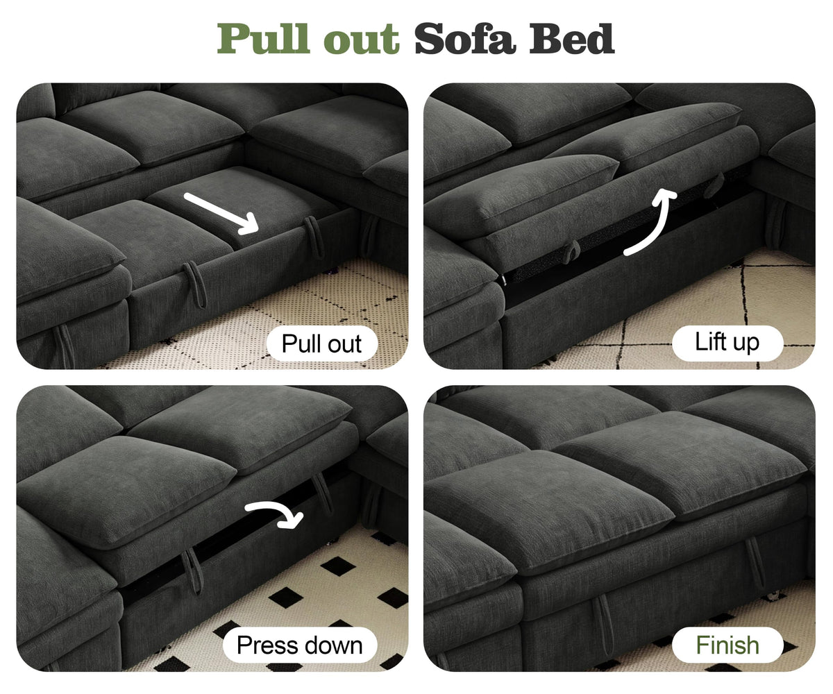Vipbear Modular Sectional Cloud Sofa with Pull Out Bed,Sleeper Couch,Gray