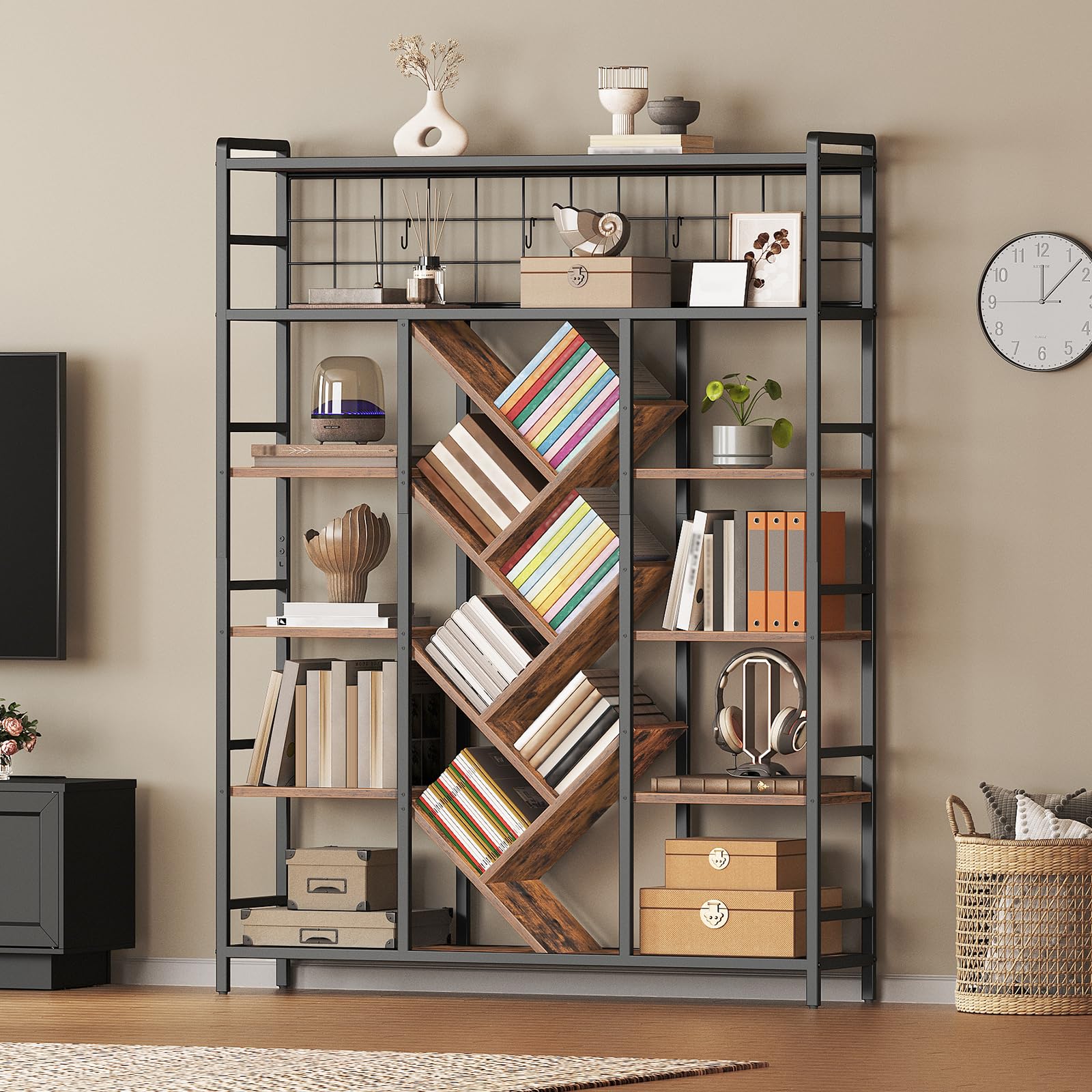 RALGEND Triple 6-Tier Bookshelf, Industrial Large Bookcase with 18 Open Display Shelves, Modern Tree Bookcase with Metal Frame and Hanging Function for Living Room, Home Office, Rustic Brown and Black