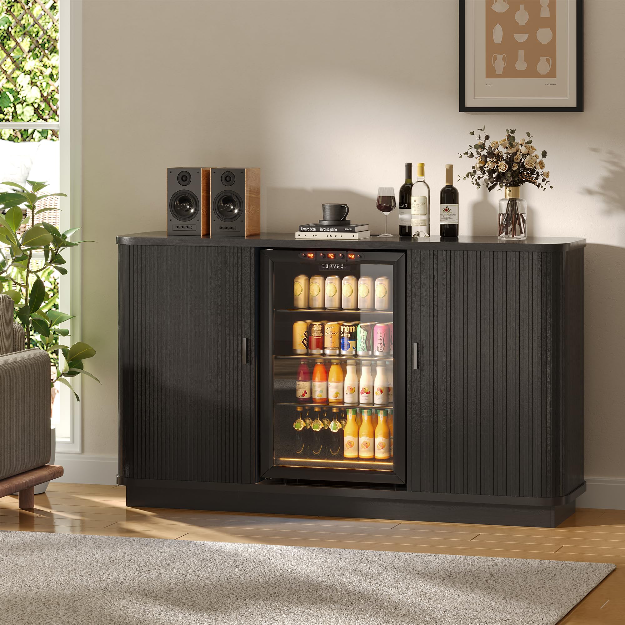 Lurinthal Coffee Bar Cabinet with Fridge Space, Liquor Wine Bar Cabinets with Wine Rack and Glass Holder, Mini Fridge Cabinet with Storage, Fluted Buffet Sideboard for Living Room, Home, Kitchen