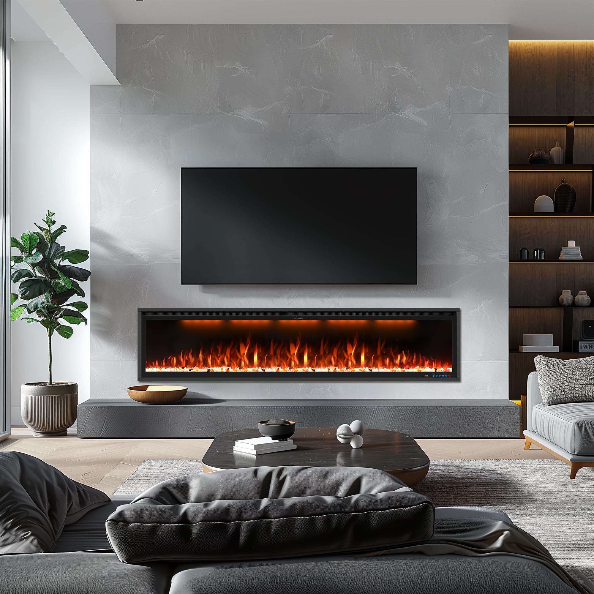60" Smart Electric Fireplace Inserts, Slim Fireplace with APP & Alexa Control, Remote & Touch Panel, Adjustable Flame Colors & Fuel Bed Colors, Timer & Overheat Protection, 750W/1500W, Black