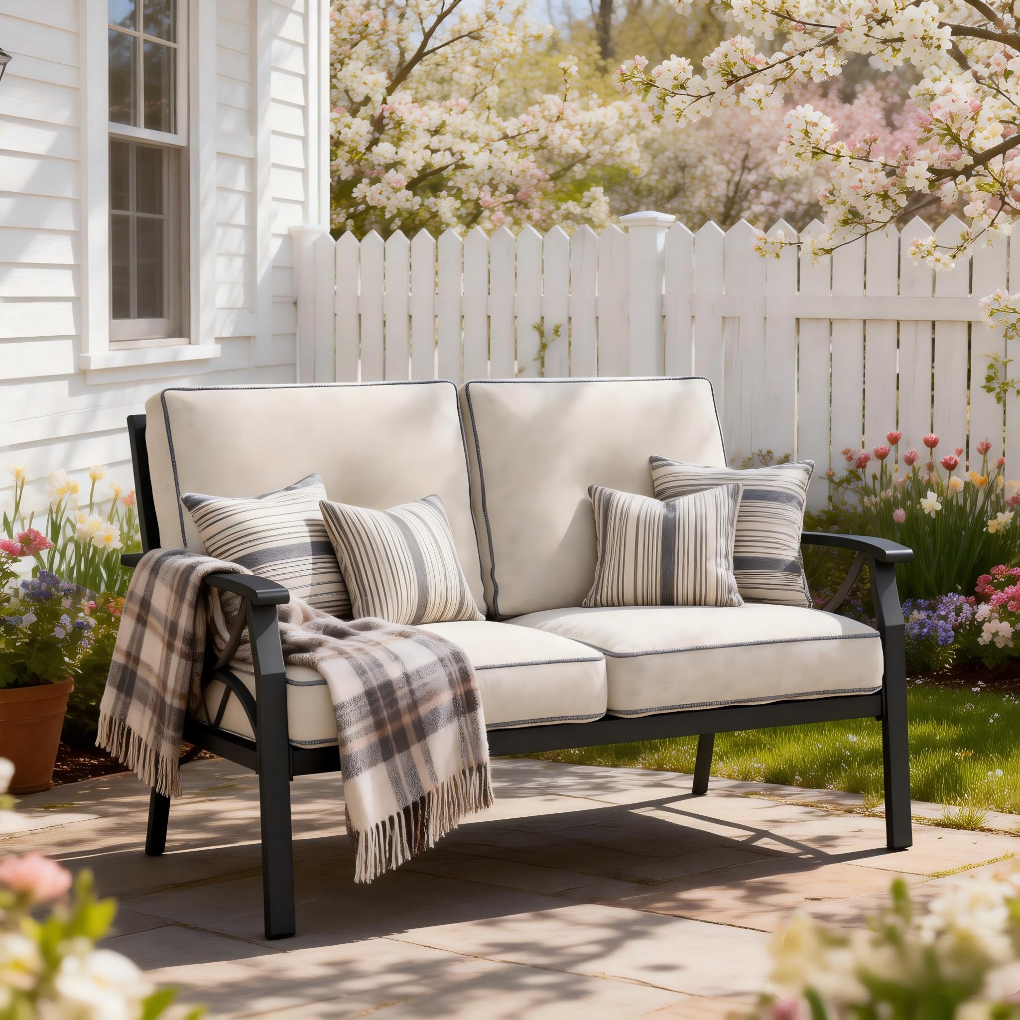 Outdoor Patio Loveseat with Cushions, Black Steel Frame
