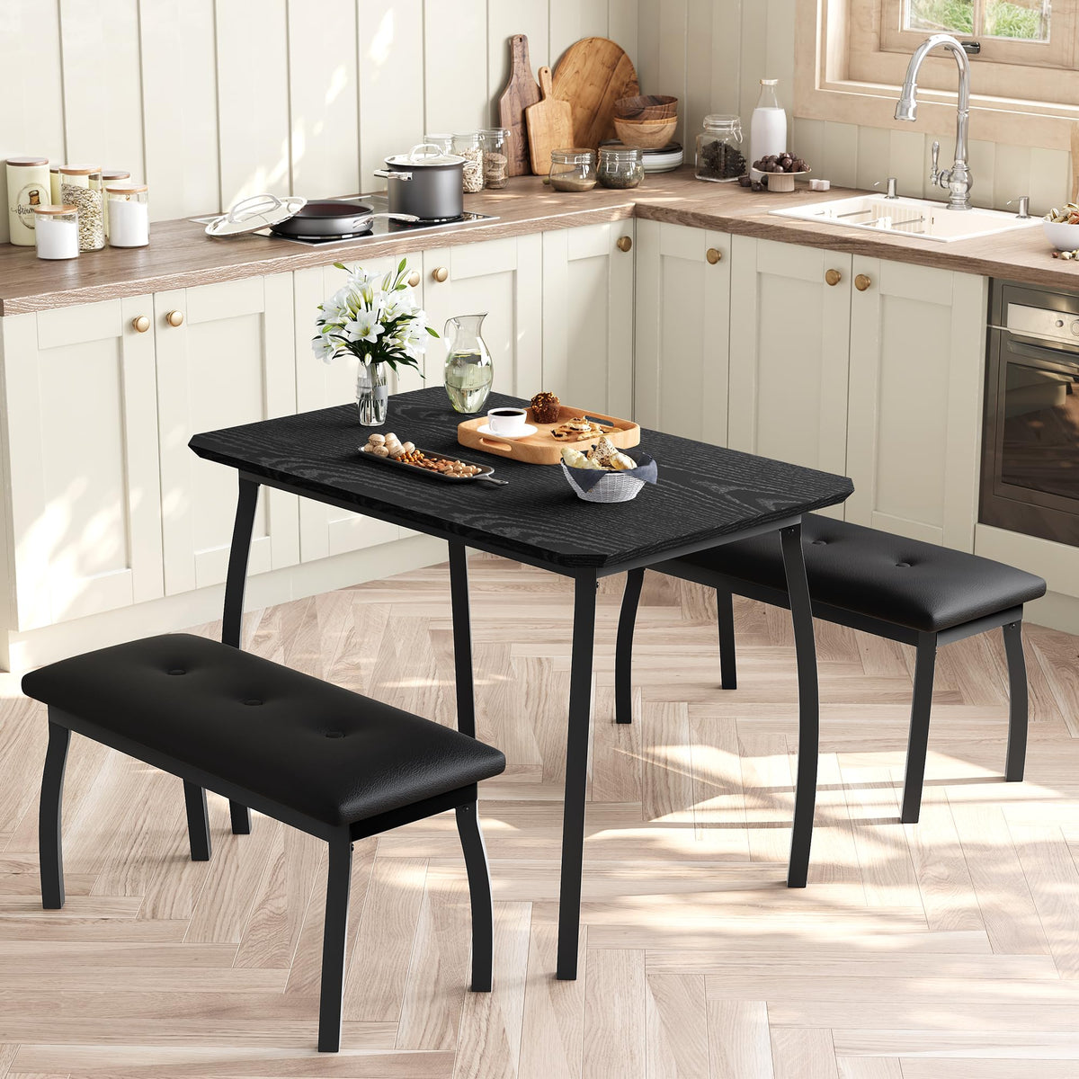 GAOMON 3-Piece Dining Table Set for 4, Industrial Kitchen Table with 2 PU Leather Benches, Engineered Wood Top & Metal Frame, Space-Saving Dinette Set for Dining Room, Apartment, Home，Black