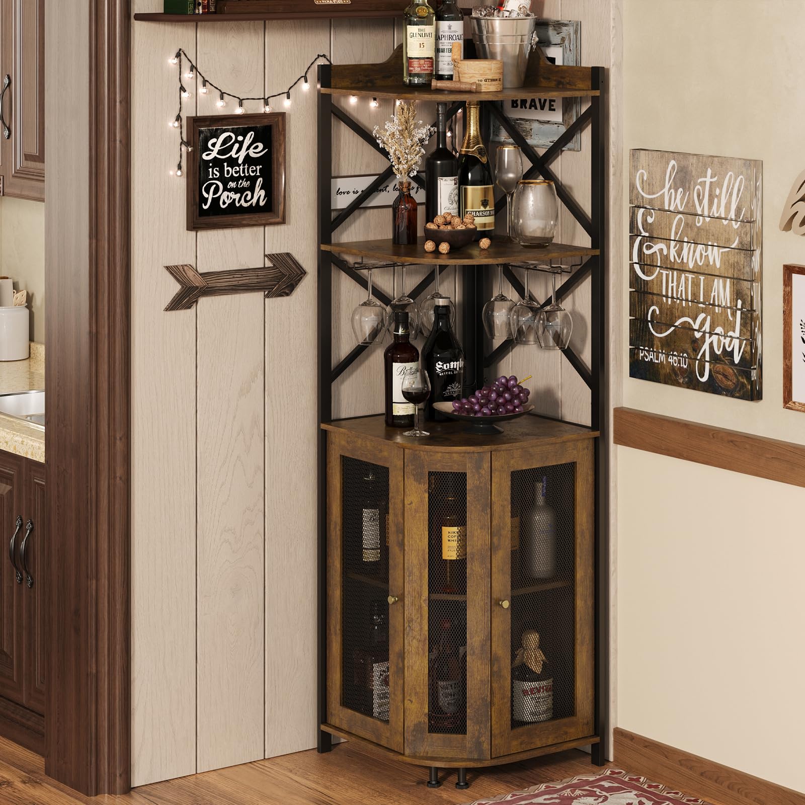 5-Tier Corner Bar Cabinet with LED Lights & Glass Holder