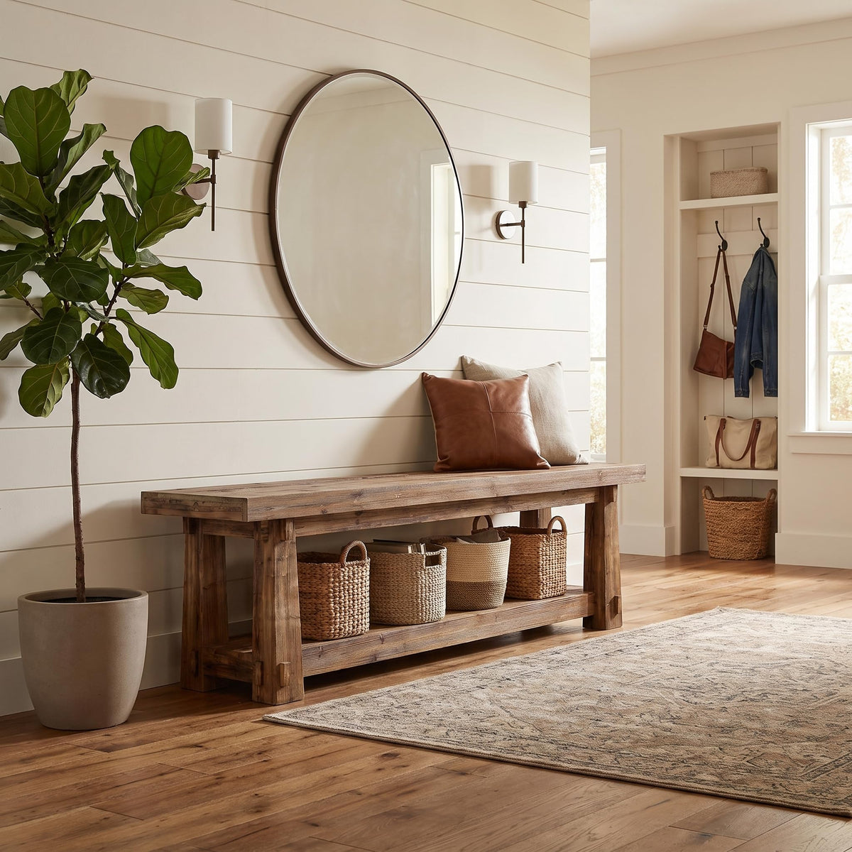 TRIBEWOOD 55" Wood Entryway Bench with Shoe Storage, Rustic Dining Bench